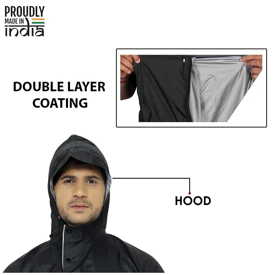 Men Rain Coat - Waterproof, Reverse Design with Reflective Stripes | Set of Top and Bottom | XXX-Large | Prime Black