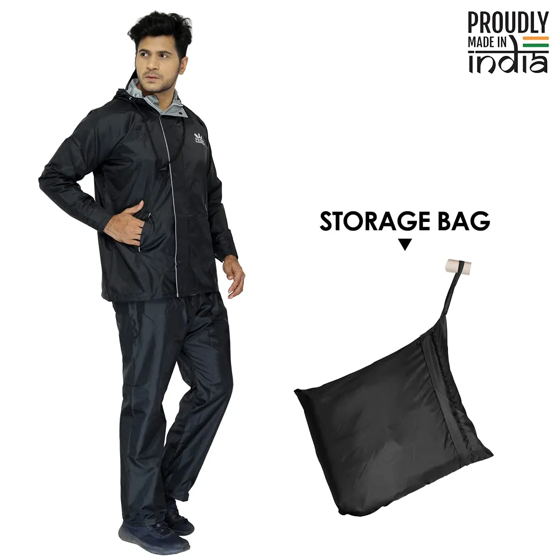 Men Rain Coat - Waterproof, Reverse Design with Reflective Stripes | Set of Top and Bottom | XXX-Large | Prime Black