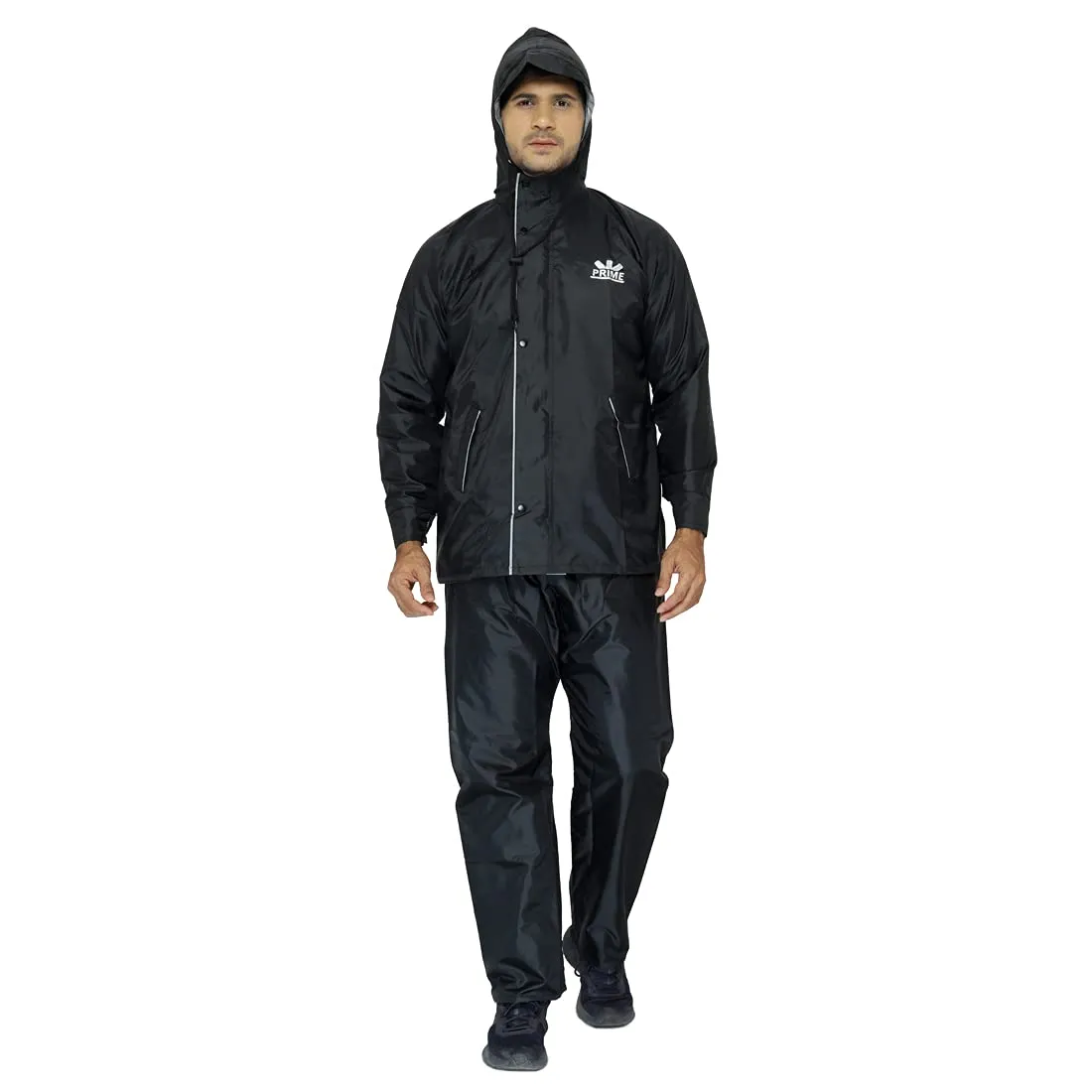 Men Rain Coat - Waterproof, Reverse Design with Reflective Stripes | Set of Top and Bottom | XXX-Large | Prime Black