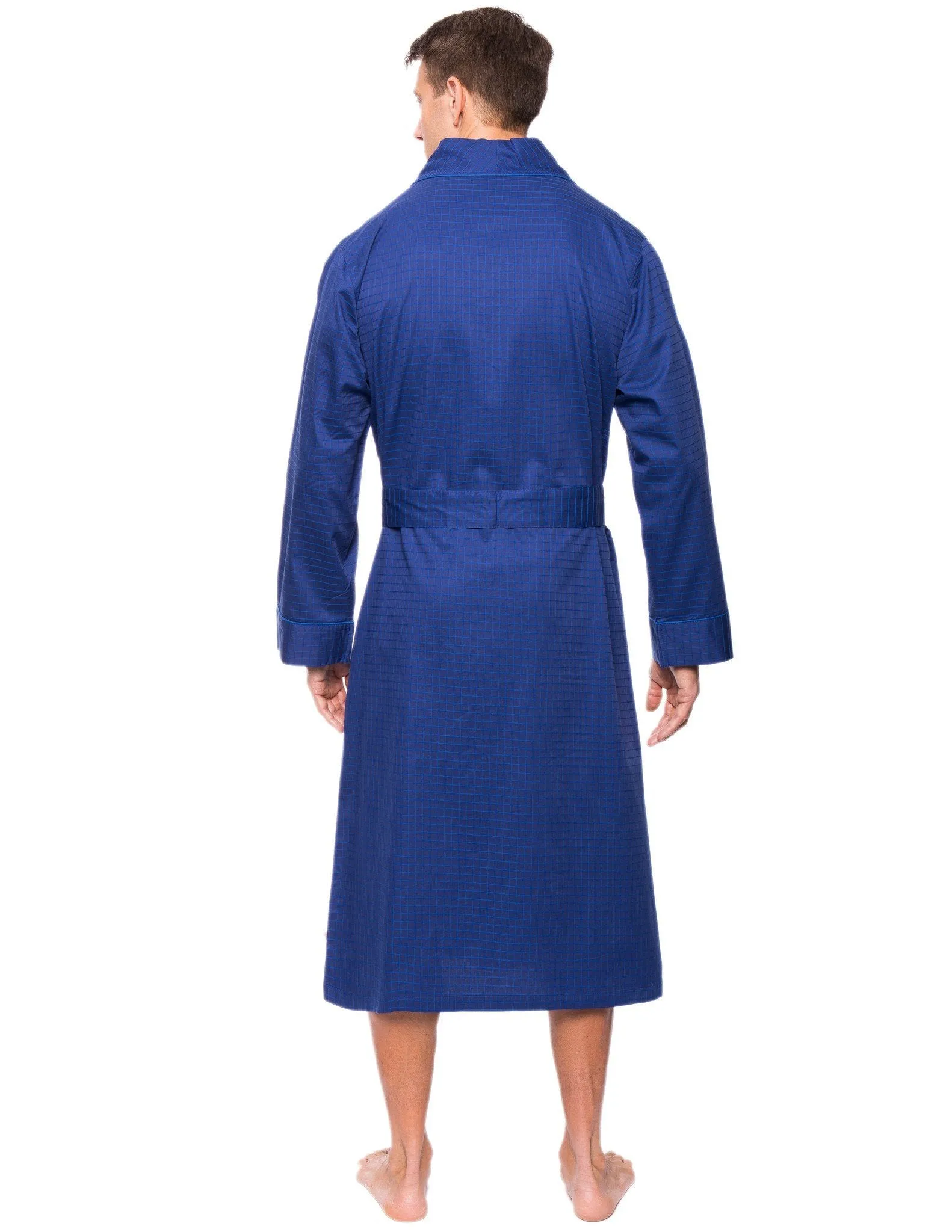 Mens Premium 100% Cotton Robe - Windowpane Checks Navy/Blue