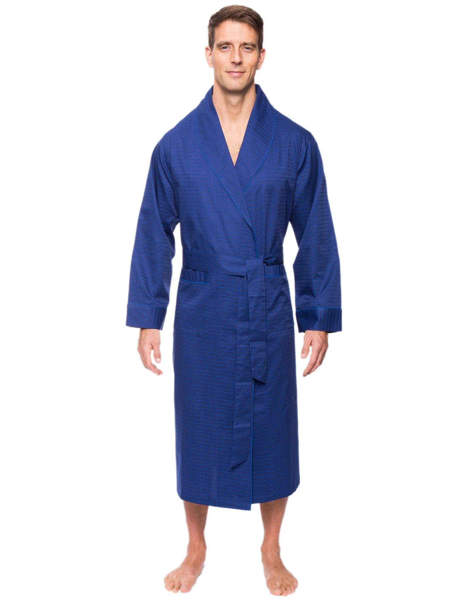Mens Premium 100% Cotton Robe - Windowpane Checks Navy/Blue