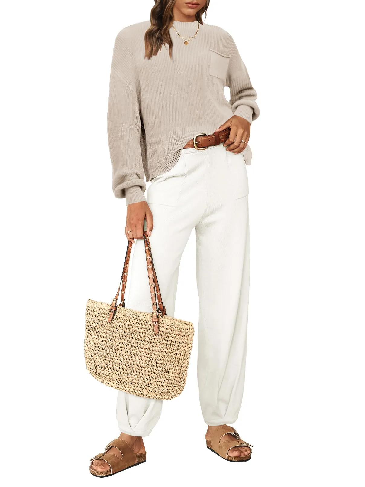 MEROKEETY Long Sleeve Knit Pullover High Waist Pants Sweater Set