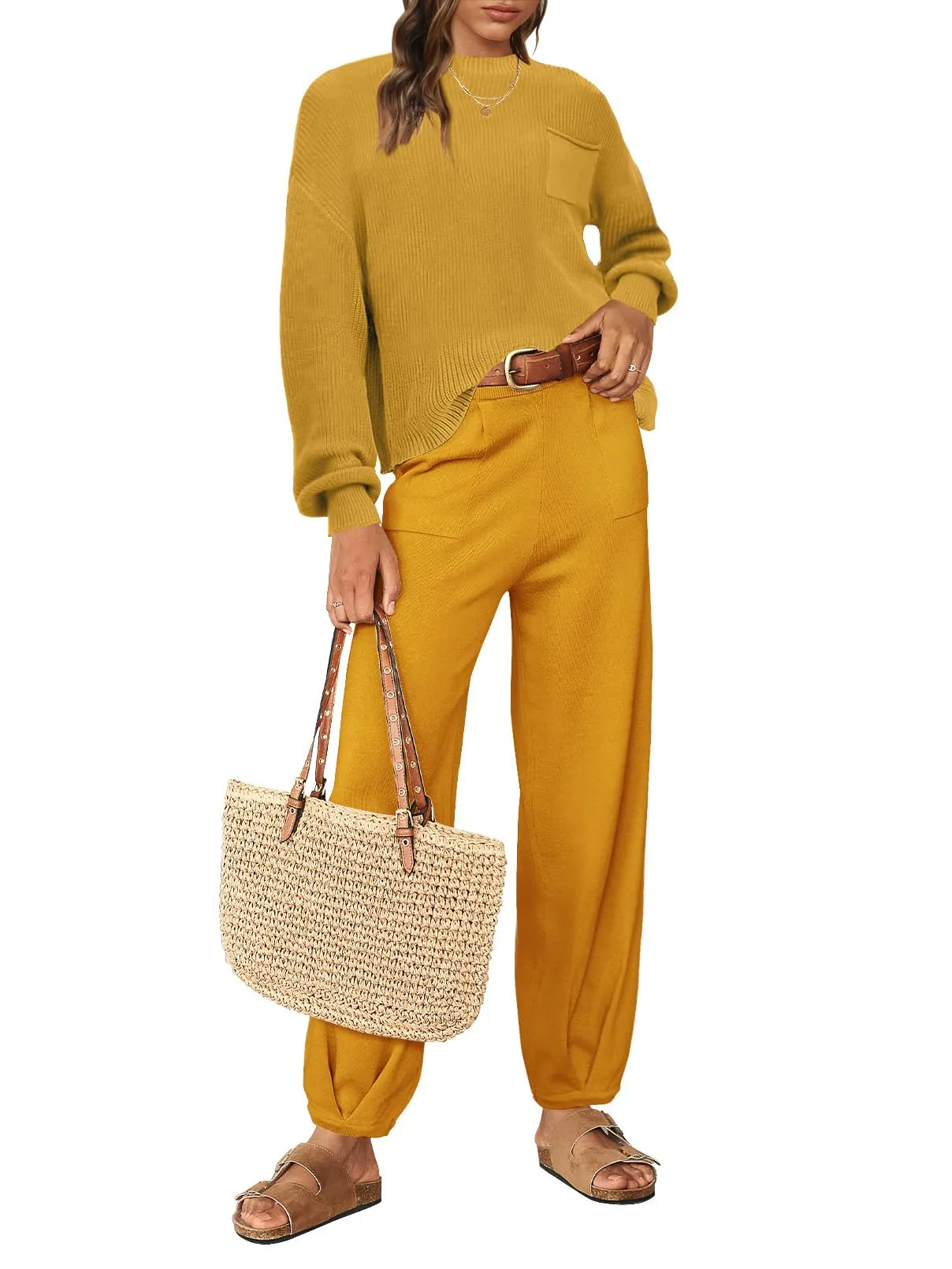MEROKEETY Long Sleeve Knit Pullover High Waist Pants Sweater Set
