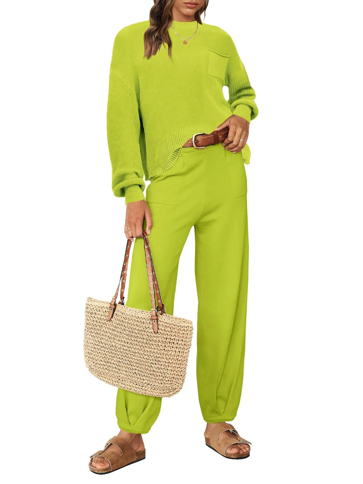 MEROKEETY Long Sleeve Knit Pullover High Waist Pants Sweater Set