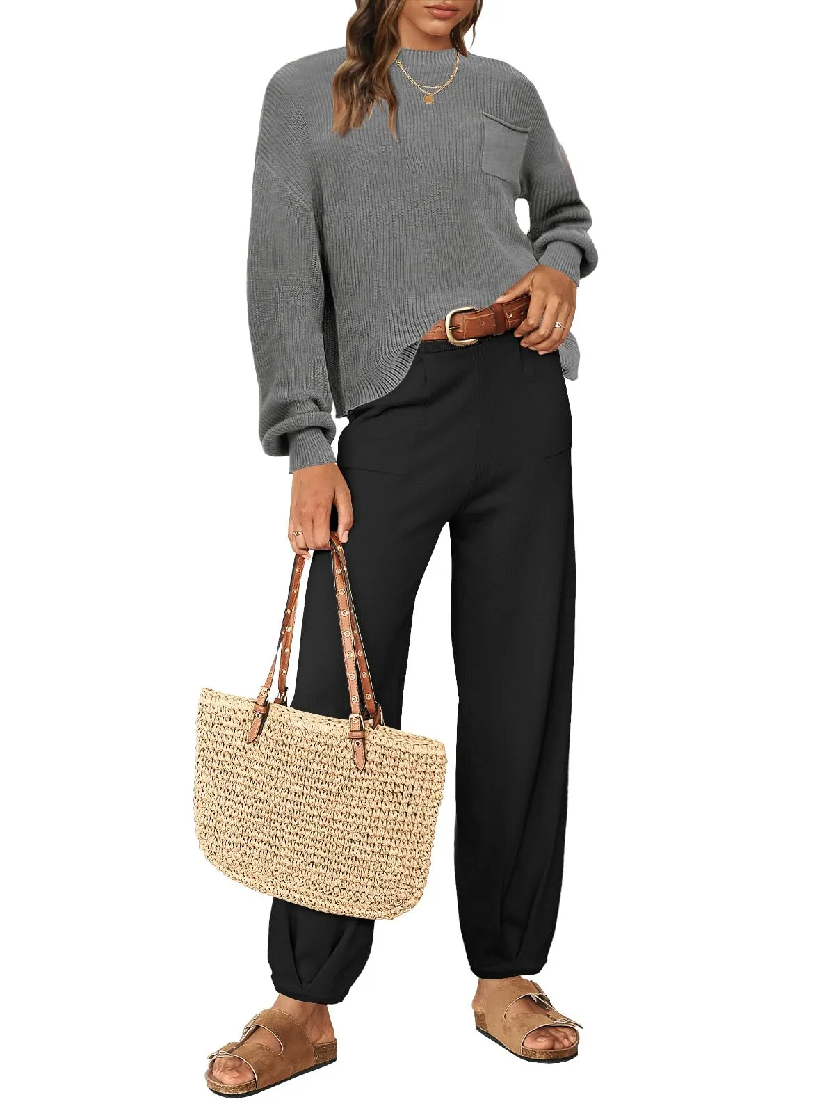 MEROKEETY Long Sleeve Knit Pullover High Waist Pants Sweater Set