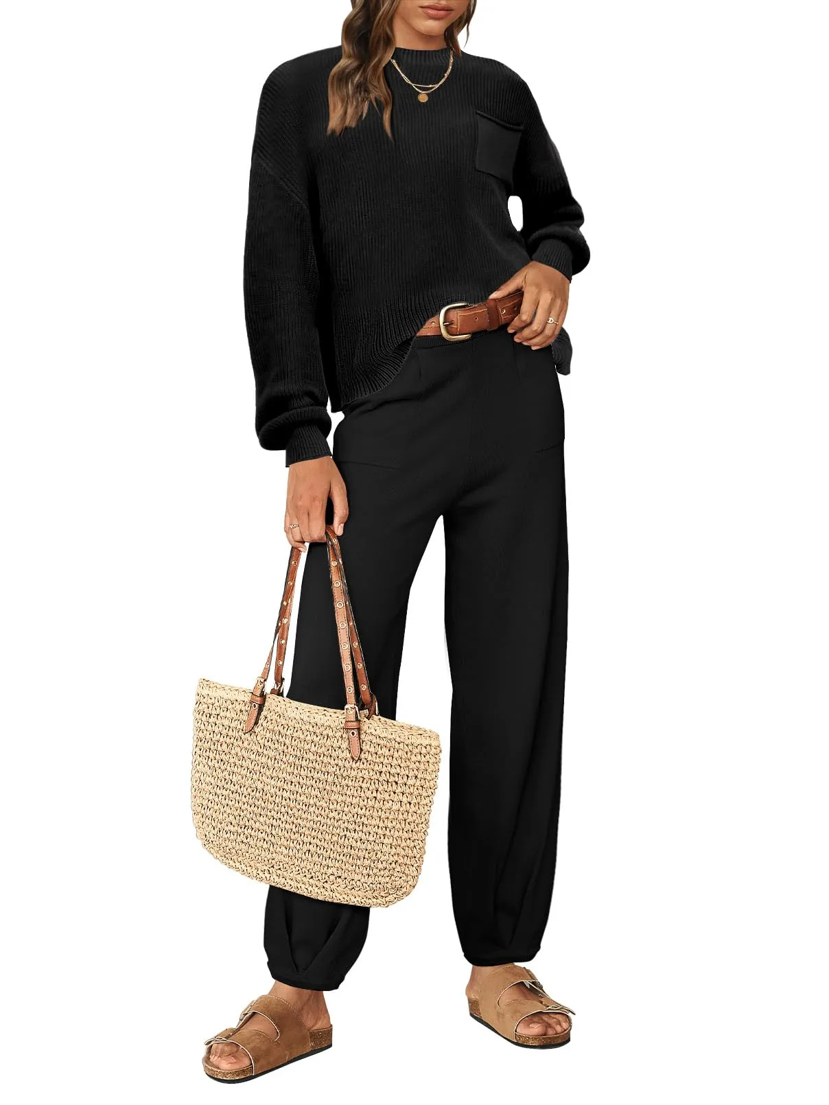 MEROKEETY Long Sleeve Knit Pullover High Waist Pants Sweater Set