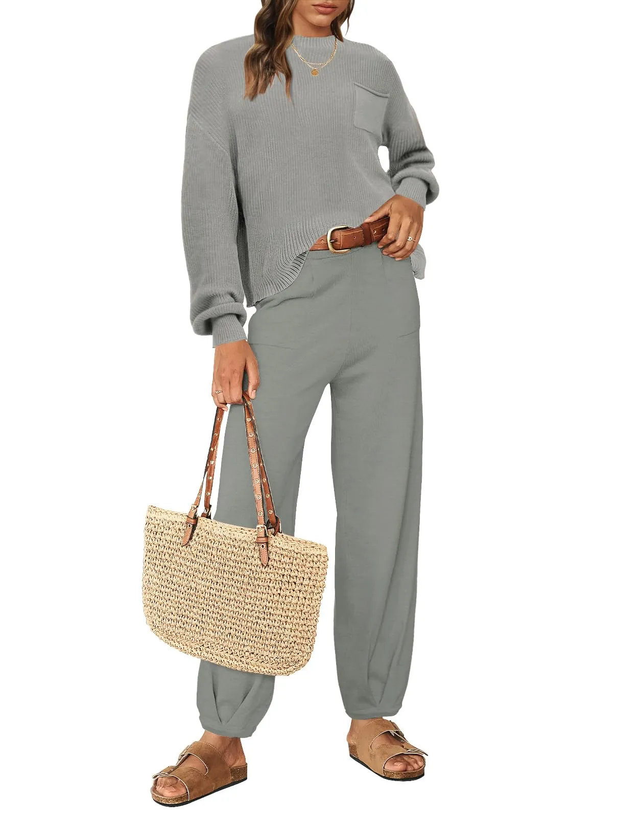 MEROKEETY Long Sleeve Knit Pullover High Waist Pants Sweater Set