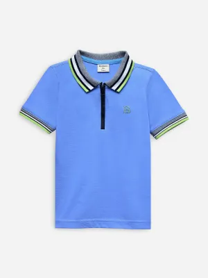 Mid Blue Interlock Zipper Polo With Contrasting Collar