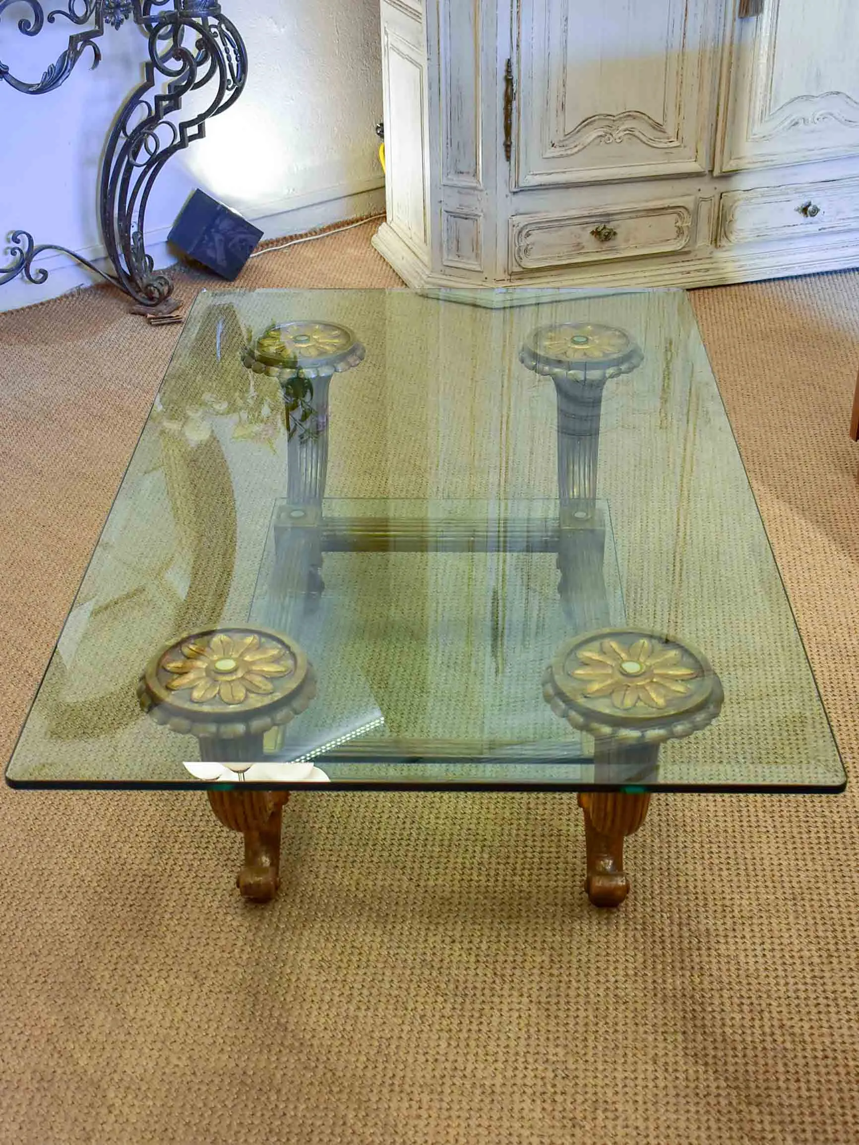 Mid-century Italian coffee table with thick glass top