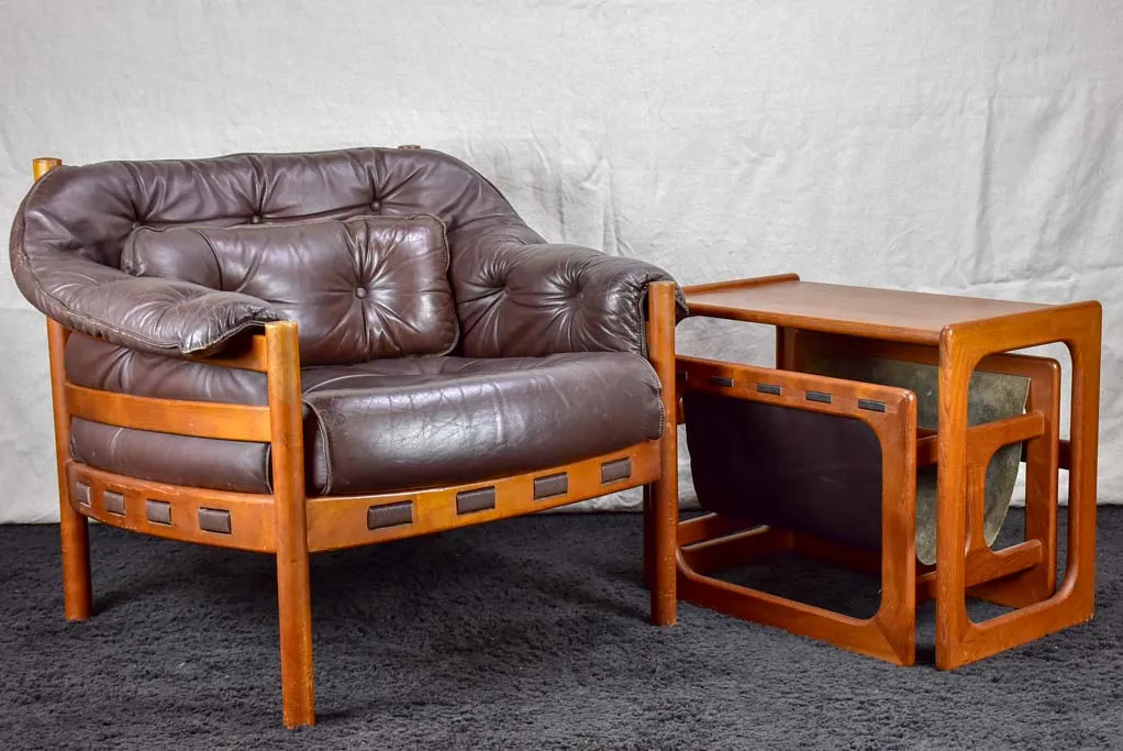 Mid century Scandinavian side table with leather magazine holder - solid teak