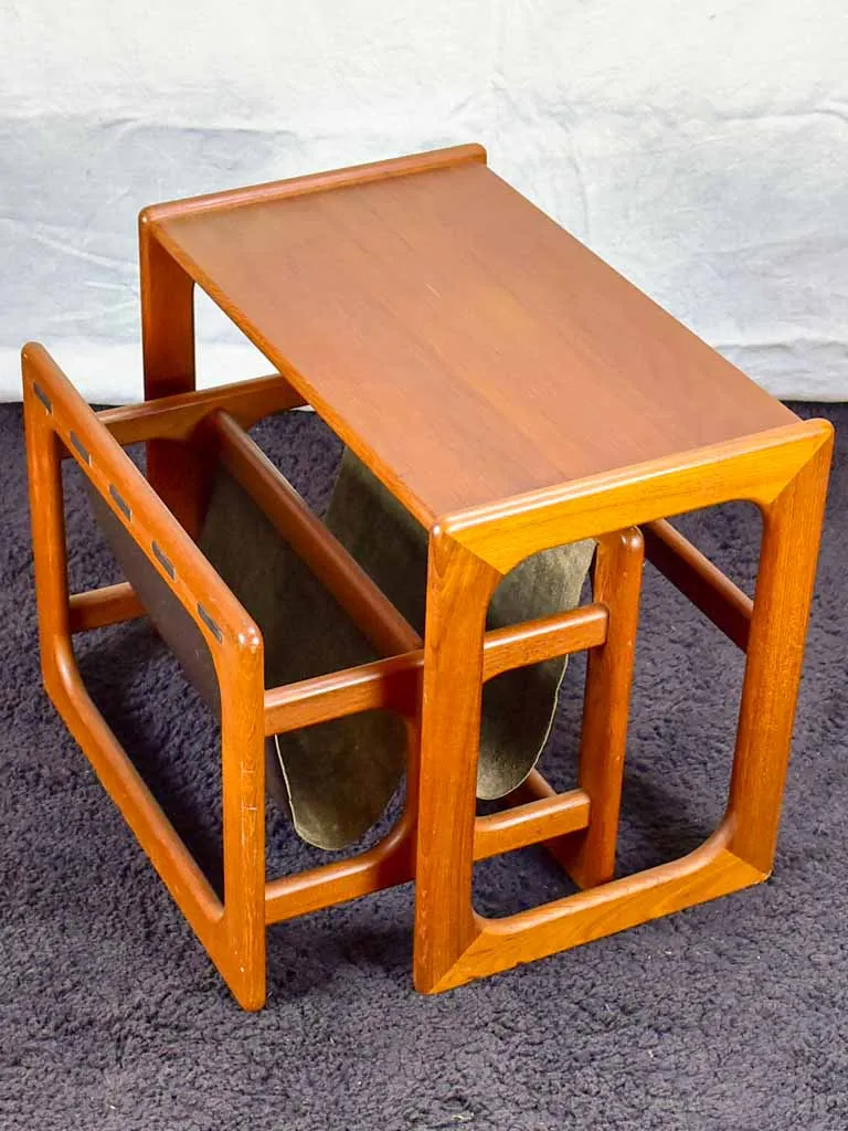 Mid century Scandinavian side table with leather magazine holder - solid teak