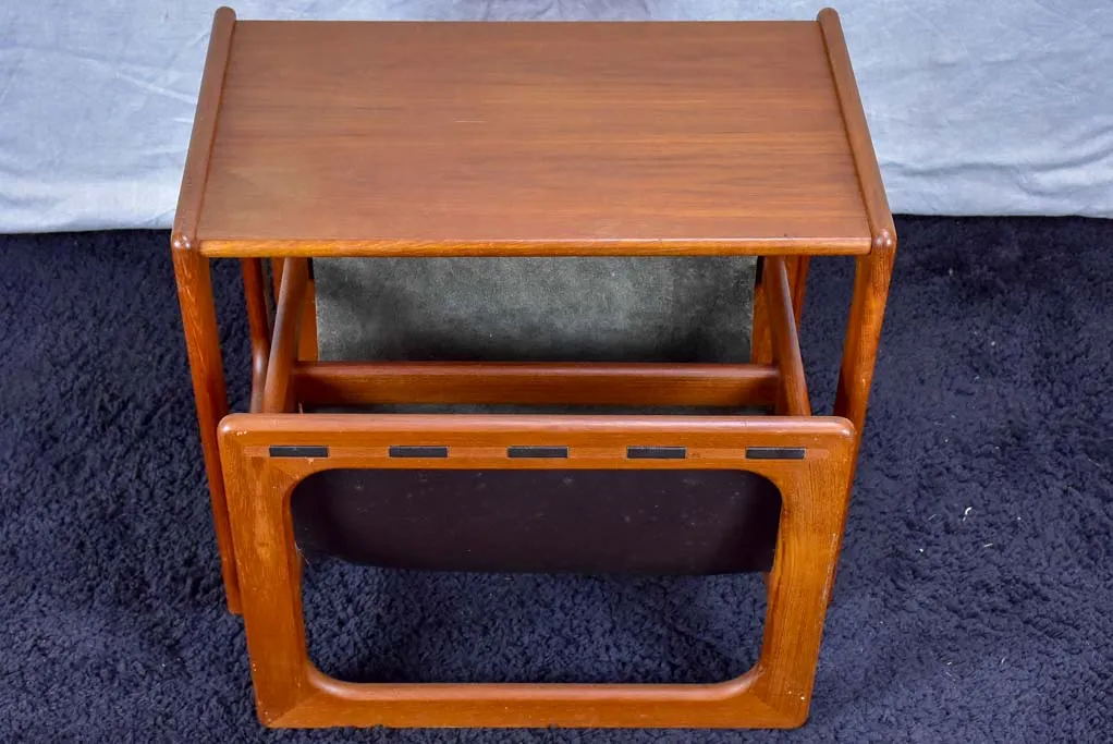 Mid century Scandinavian side table with leather magazine holder - solid teak