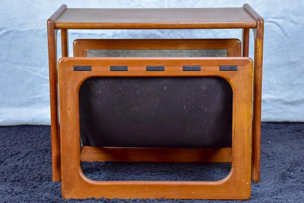 Mid century Scandinavian side table with leather magazine holder - solid teak