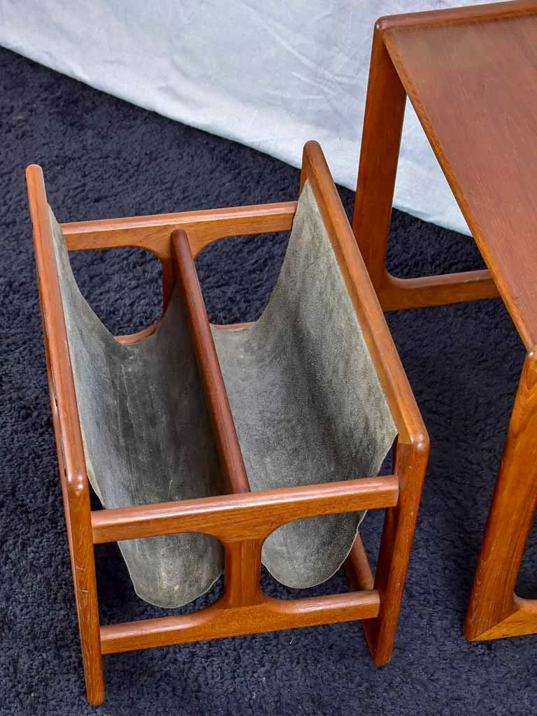Mid century Scandinavian side table with leather magazine holder - solid teak