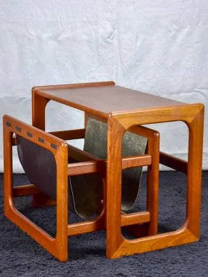 Mid century Scandinavian side table with leather magazine holder - solid teak