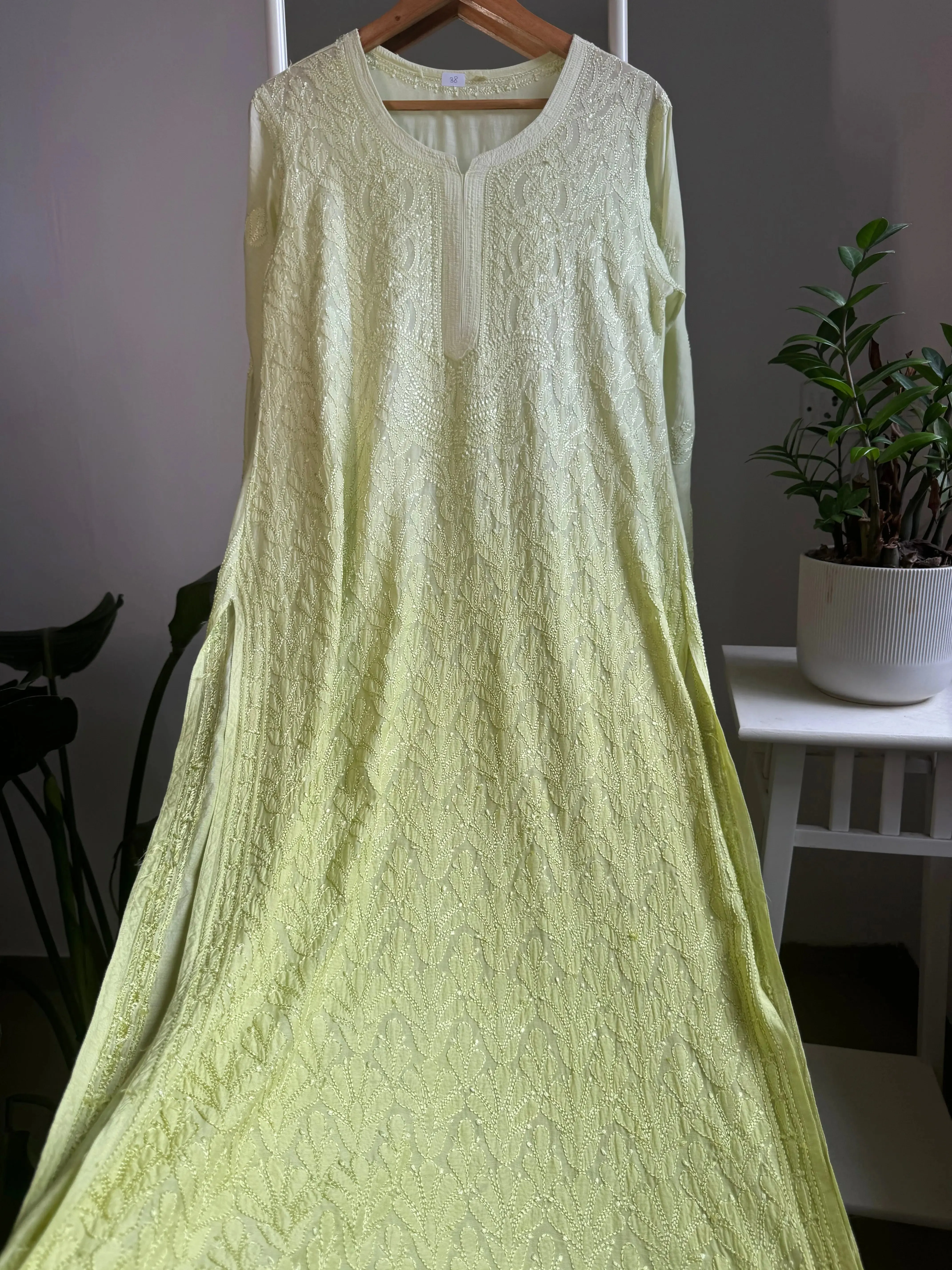 Muslin Chikankari Kurti - Light Green Ombre