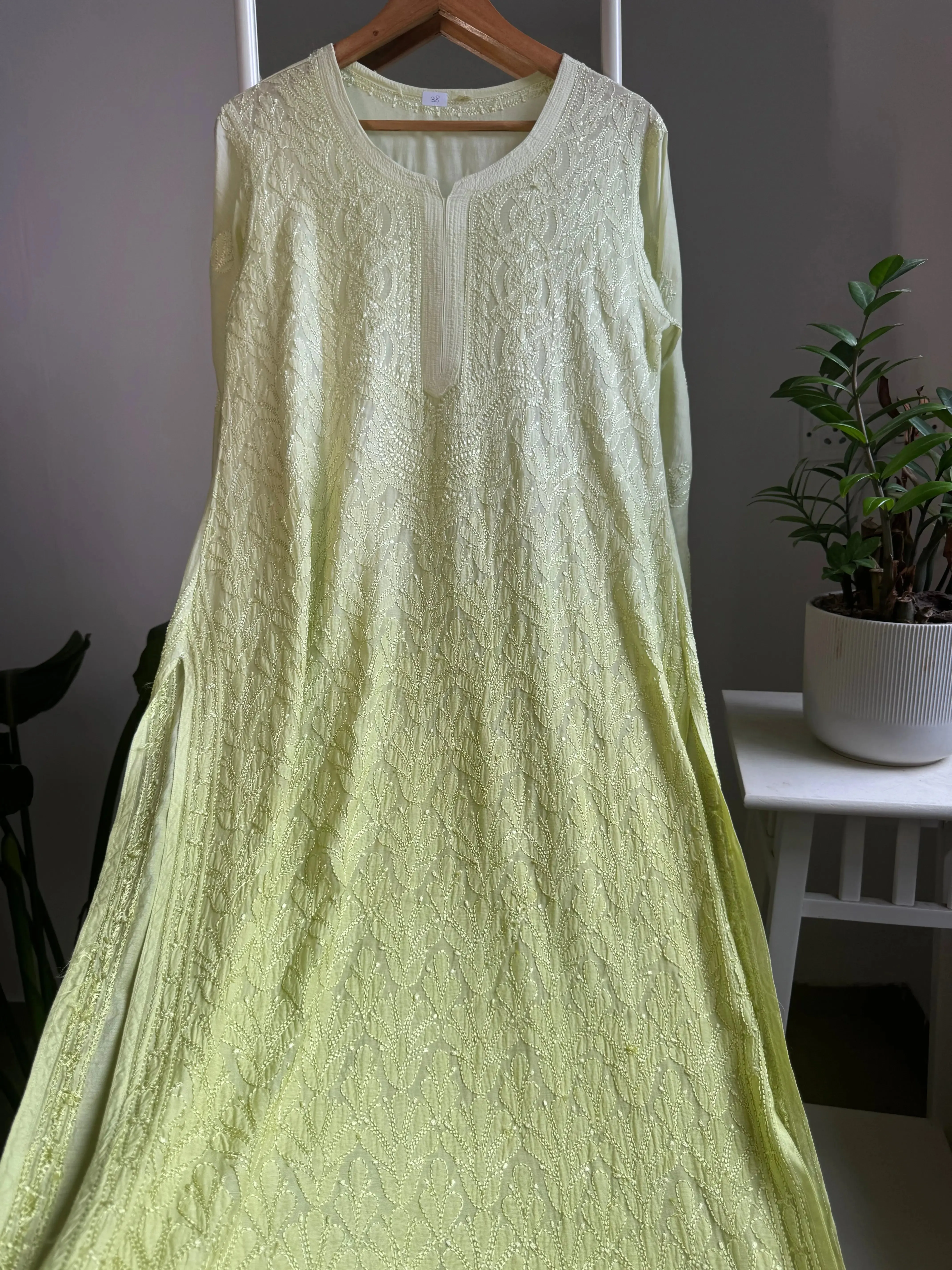 Muslin Chikankari Kurti - Light Green Ombre