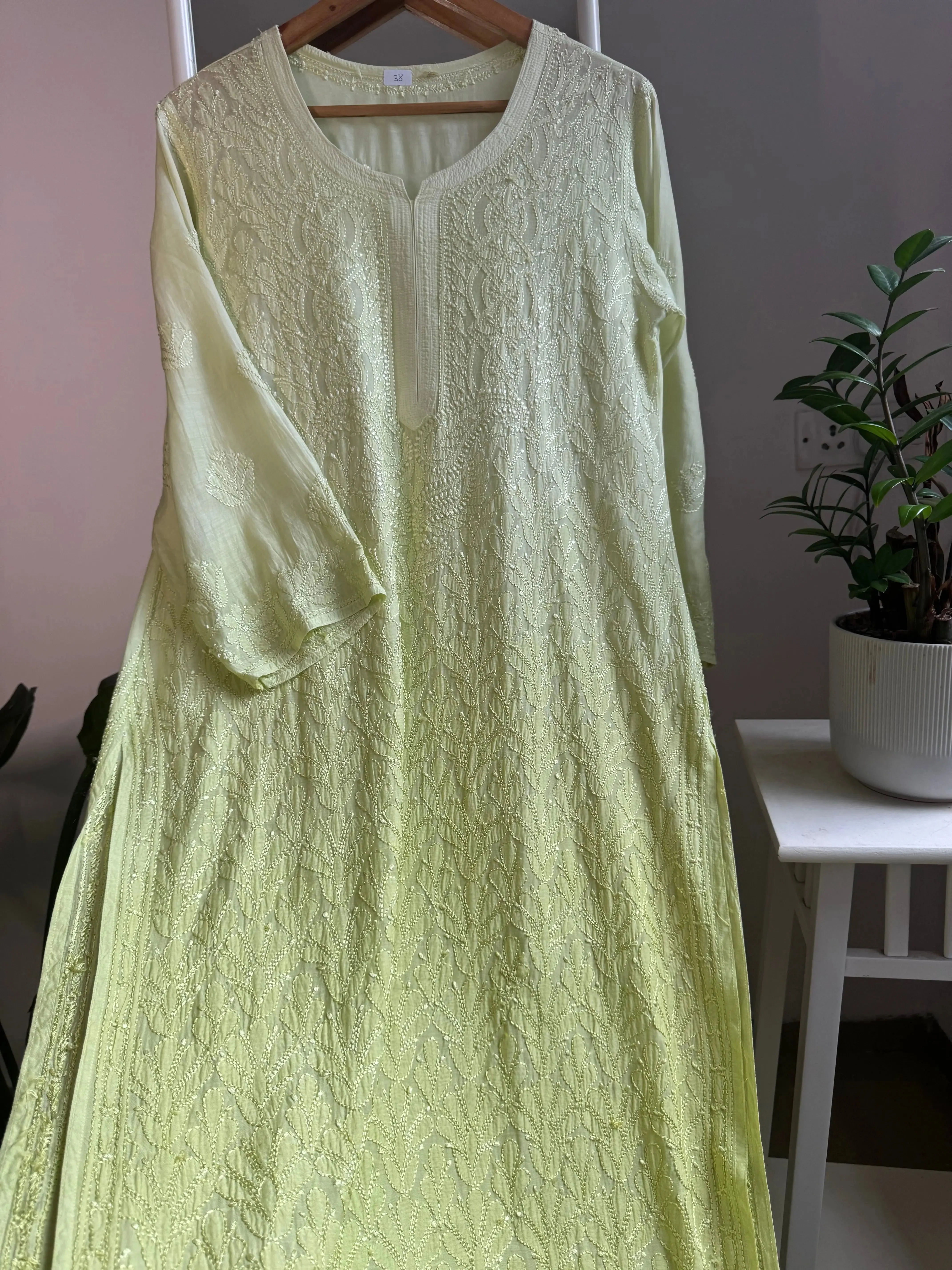 Muslin Chikankari Kurti - Light Green Ombre