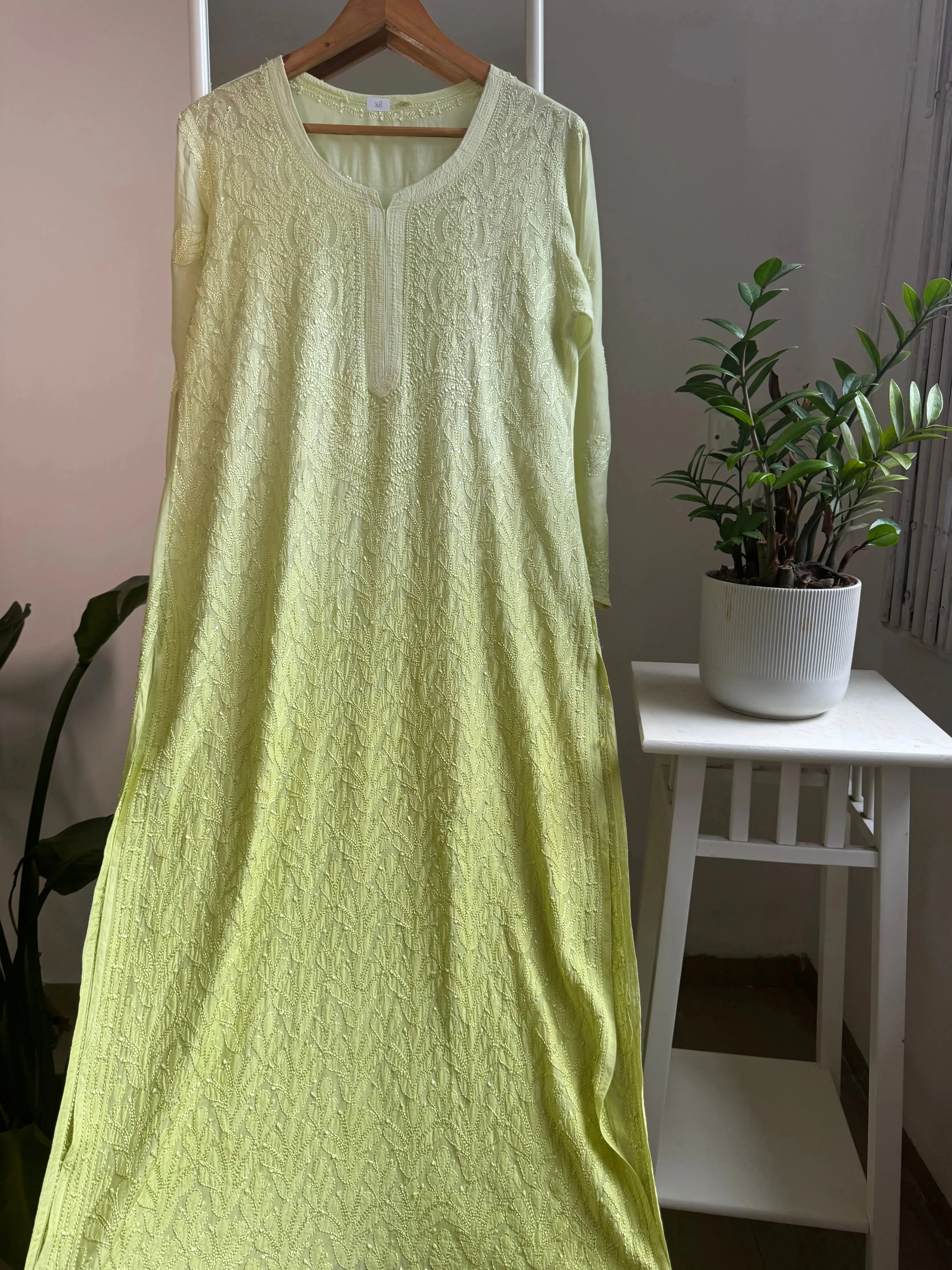 Muslin Chikankari Kurti - Light Green Ombre