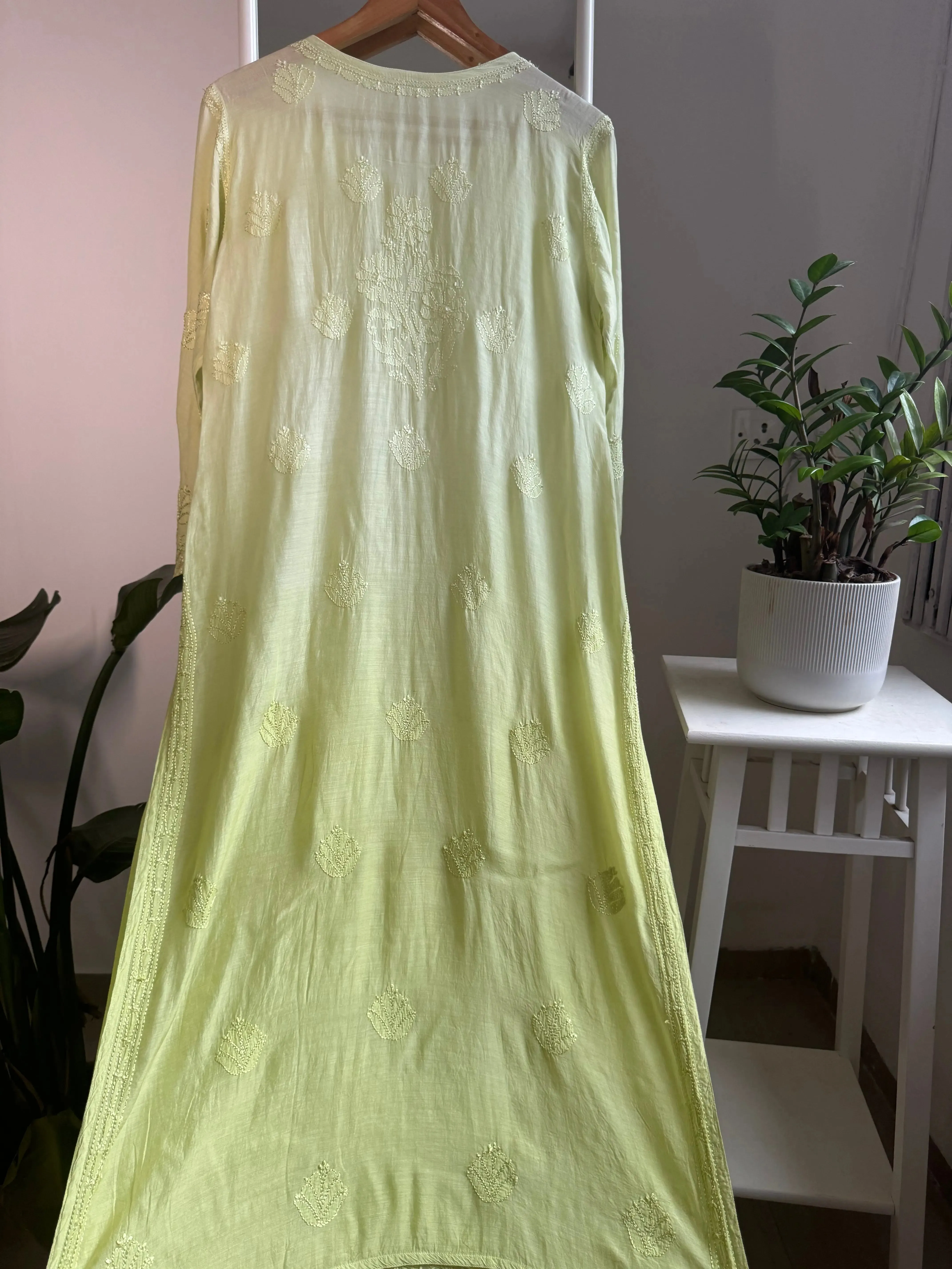 Muslin Chikankari Kurti - Light Green Ombre