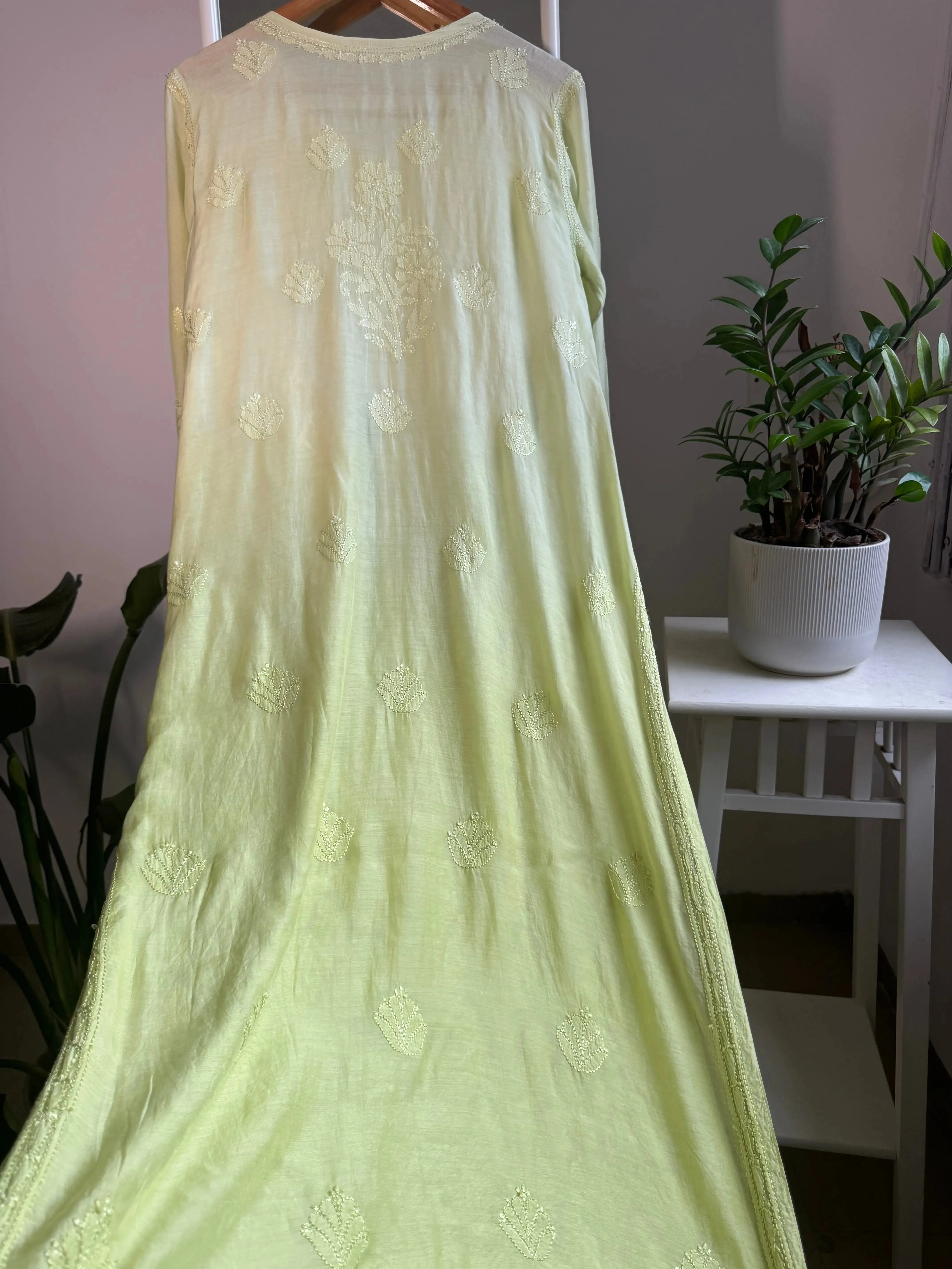 Muslin Chikankari Kurti - Light Green Ombre