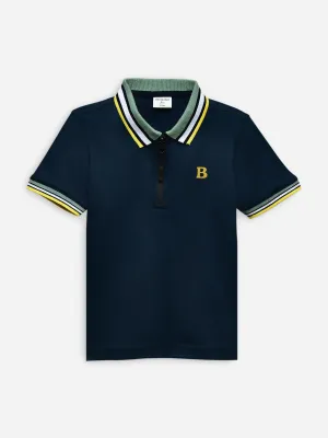 Navy Blue Interlock Zipper Polo With Contrasting Collar