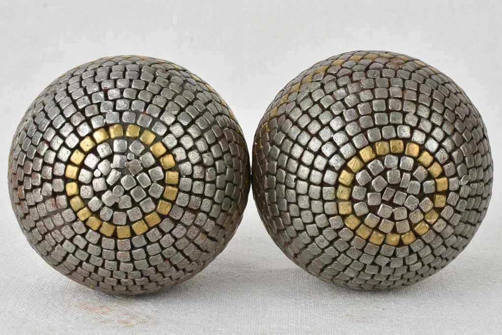 Pair of antique French petanque balls - square pattern 4"