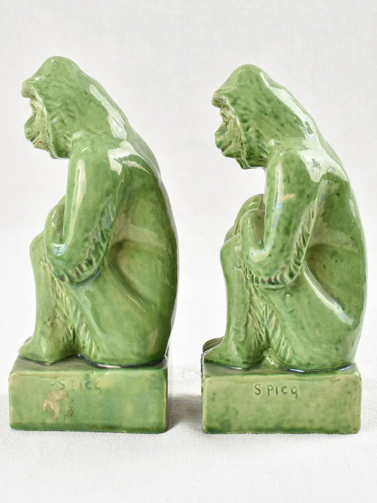 Pair of green monkey bookends from Vallauris 8¾"