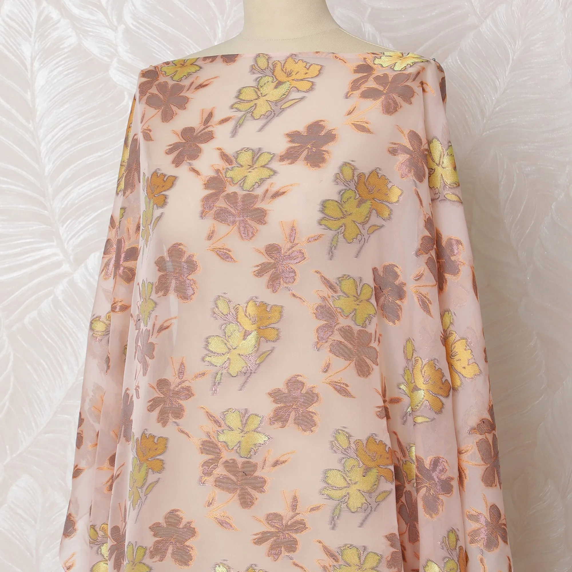 Peach Blush Silk Chiffon Dirac with Gilded Lurex Florals, 140cm Wide X 3.5 Mtrs piece-D18929