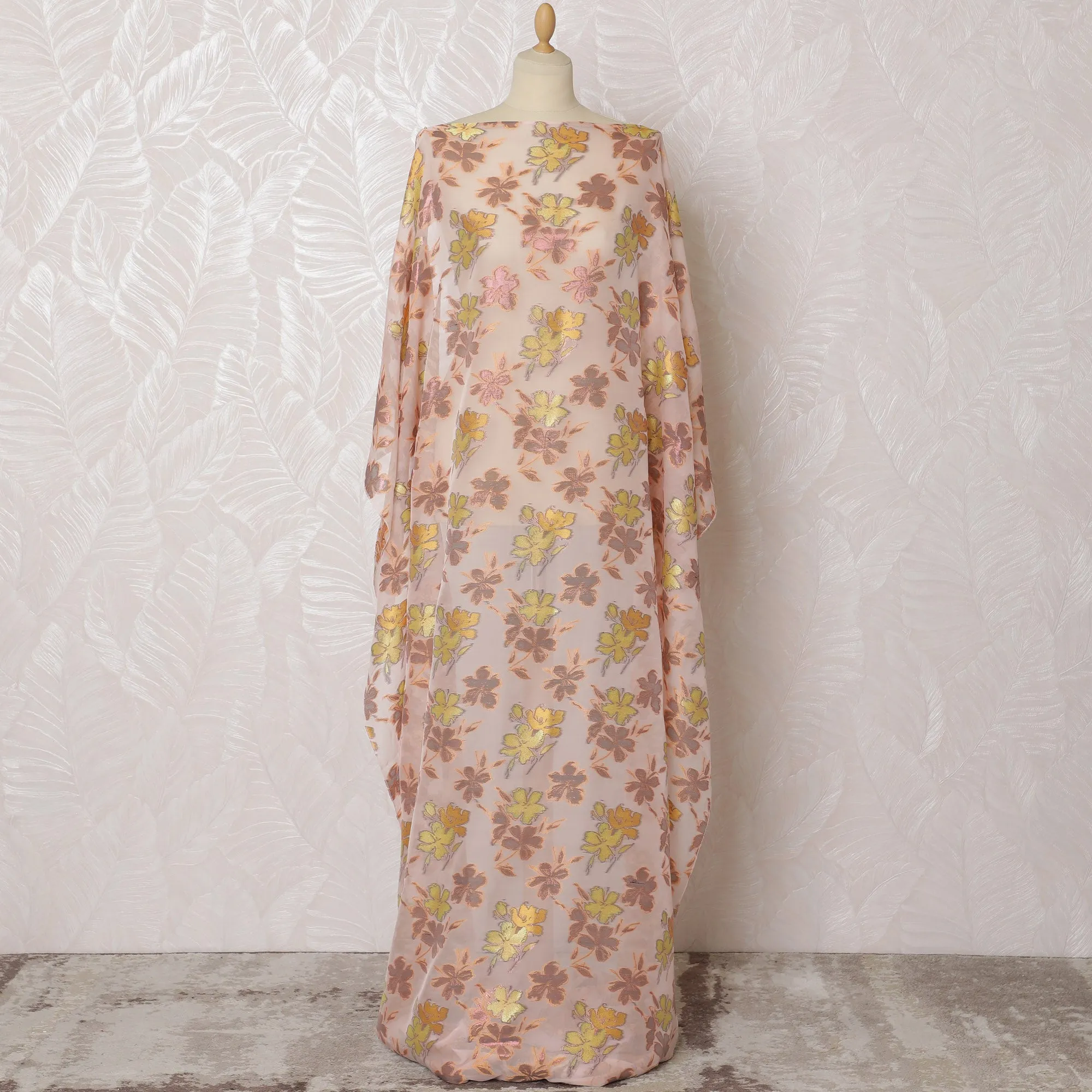 Peach Blush Silk Chiffon Dirac with Gilded Lurex Florals, 140cm Wide X 3.5 Mtrs piece-D18929
