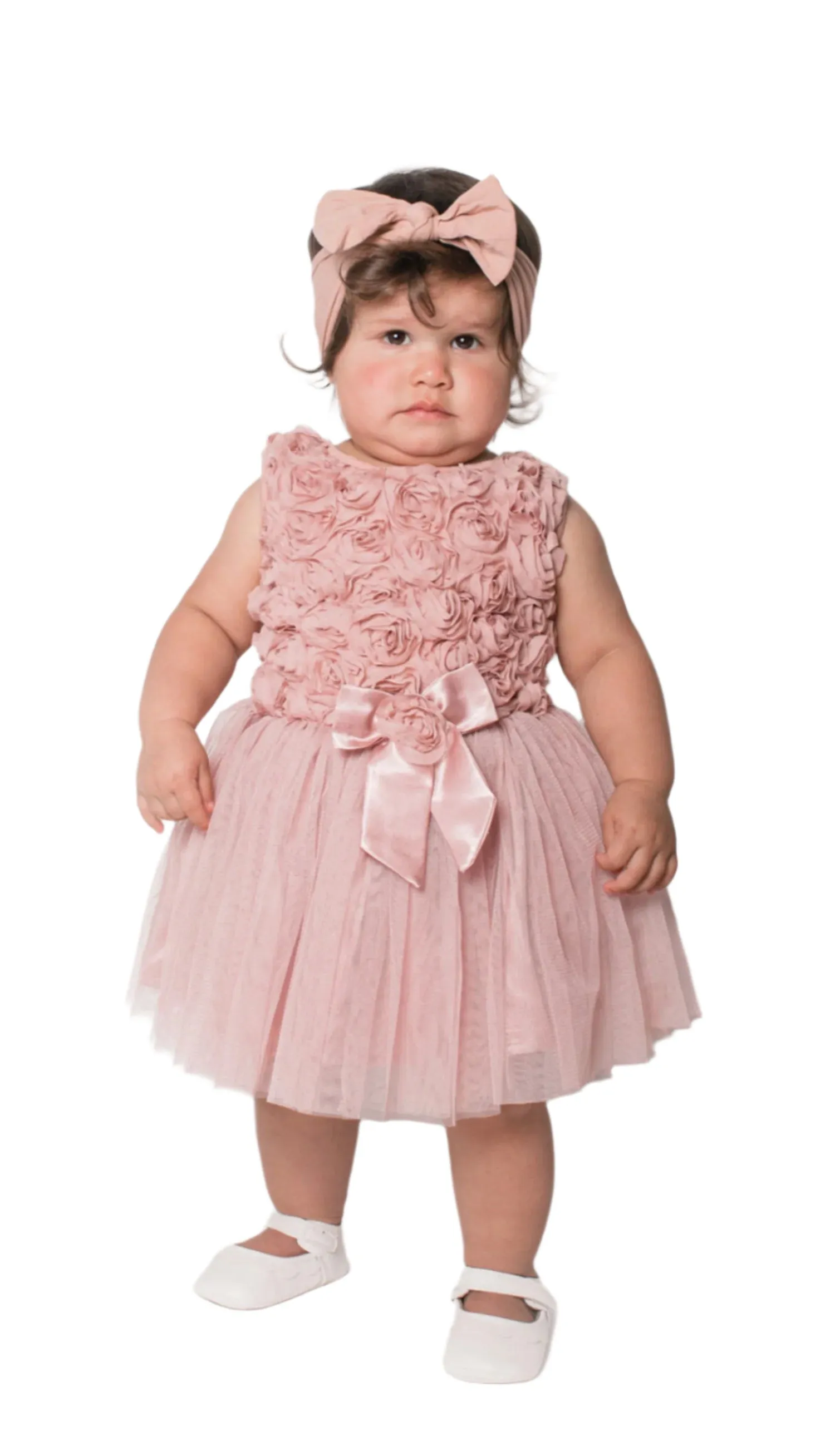 Popatu Baby Girls Dusty Pink Rossette Dress (12 Months ONLY)