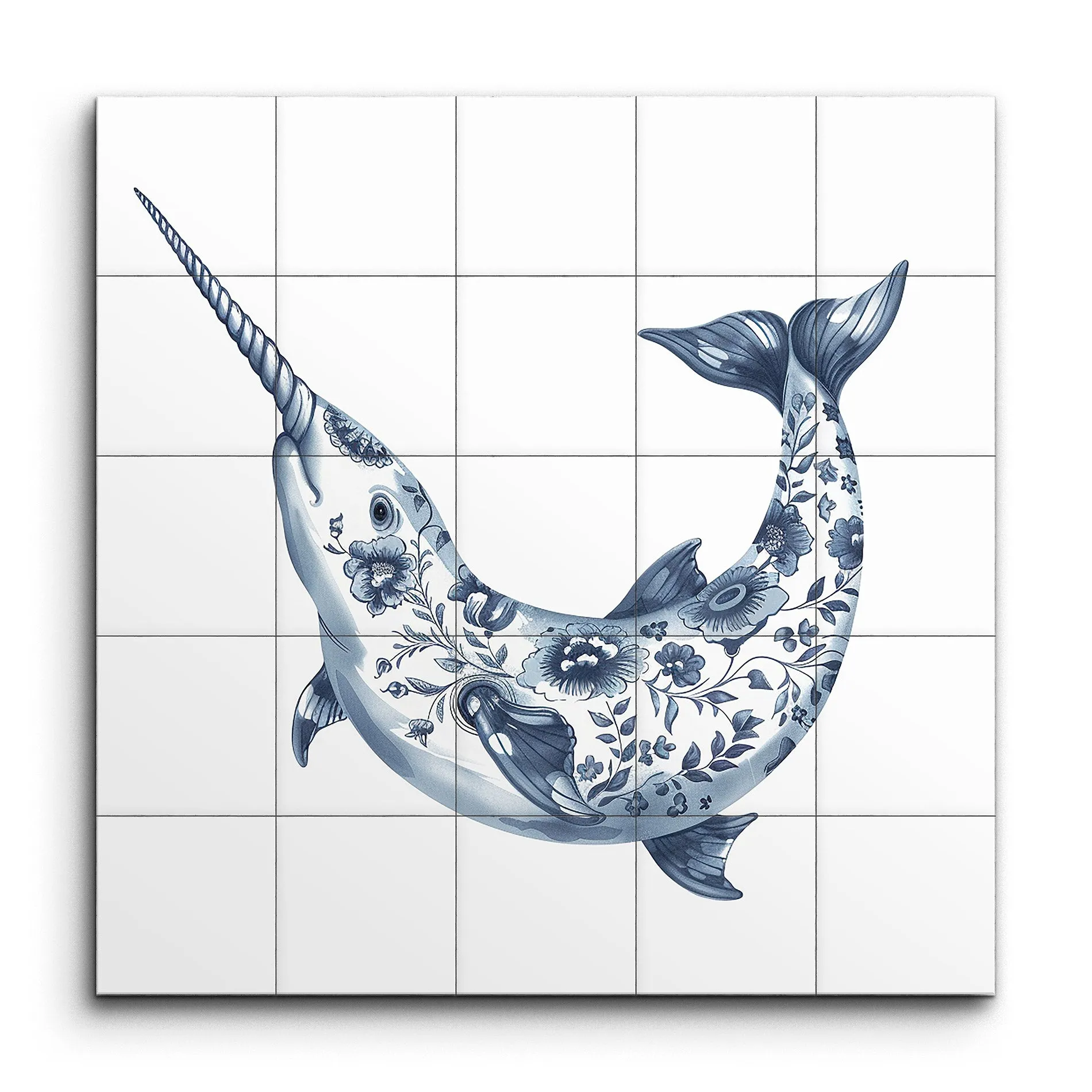 Porcelain Narwhal: Blue Floral Elegance