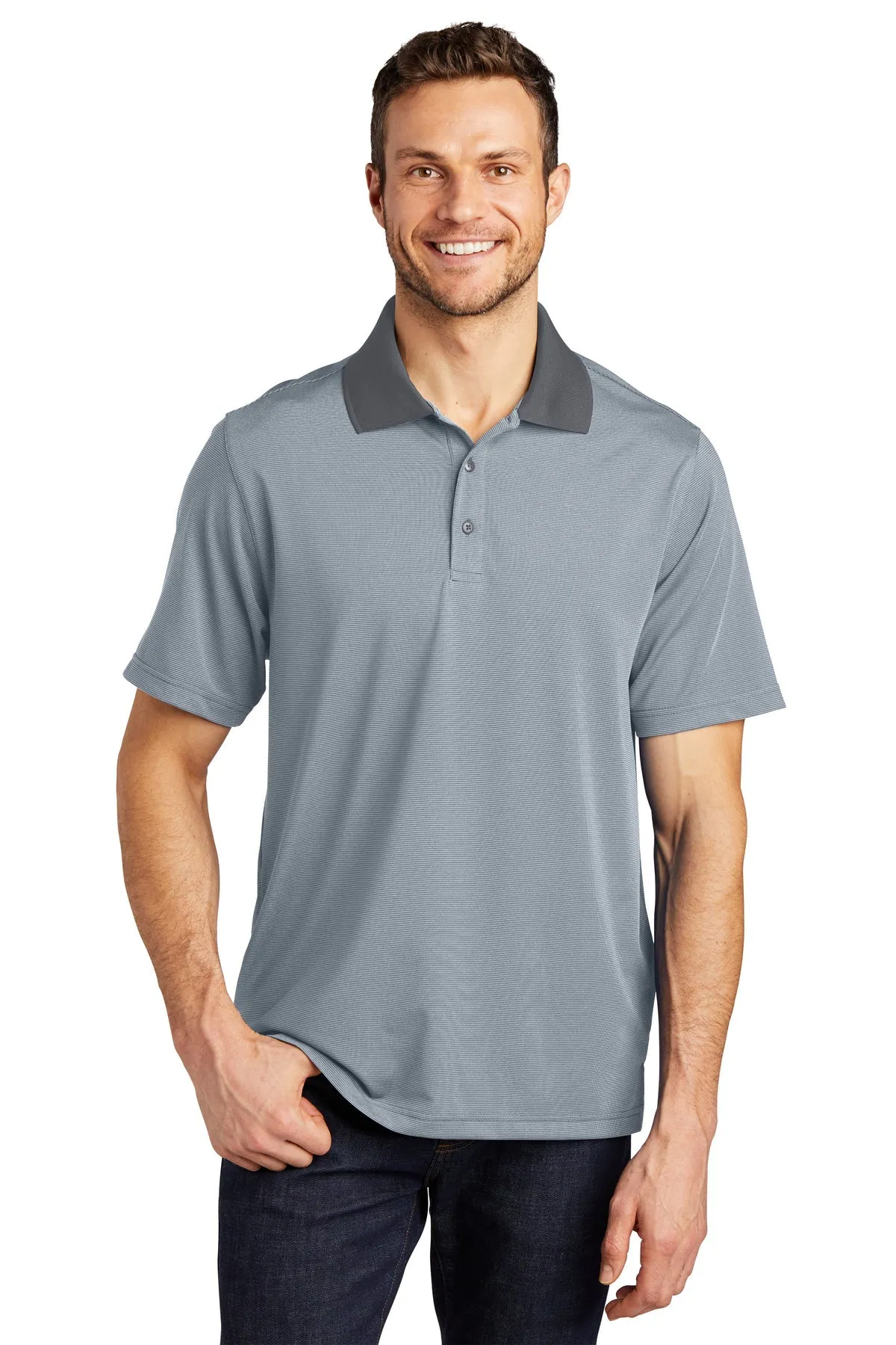 Port Authority Fine Stripe Branded Performance Polos, White/ Shadow Grey