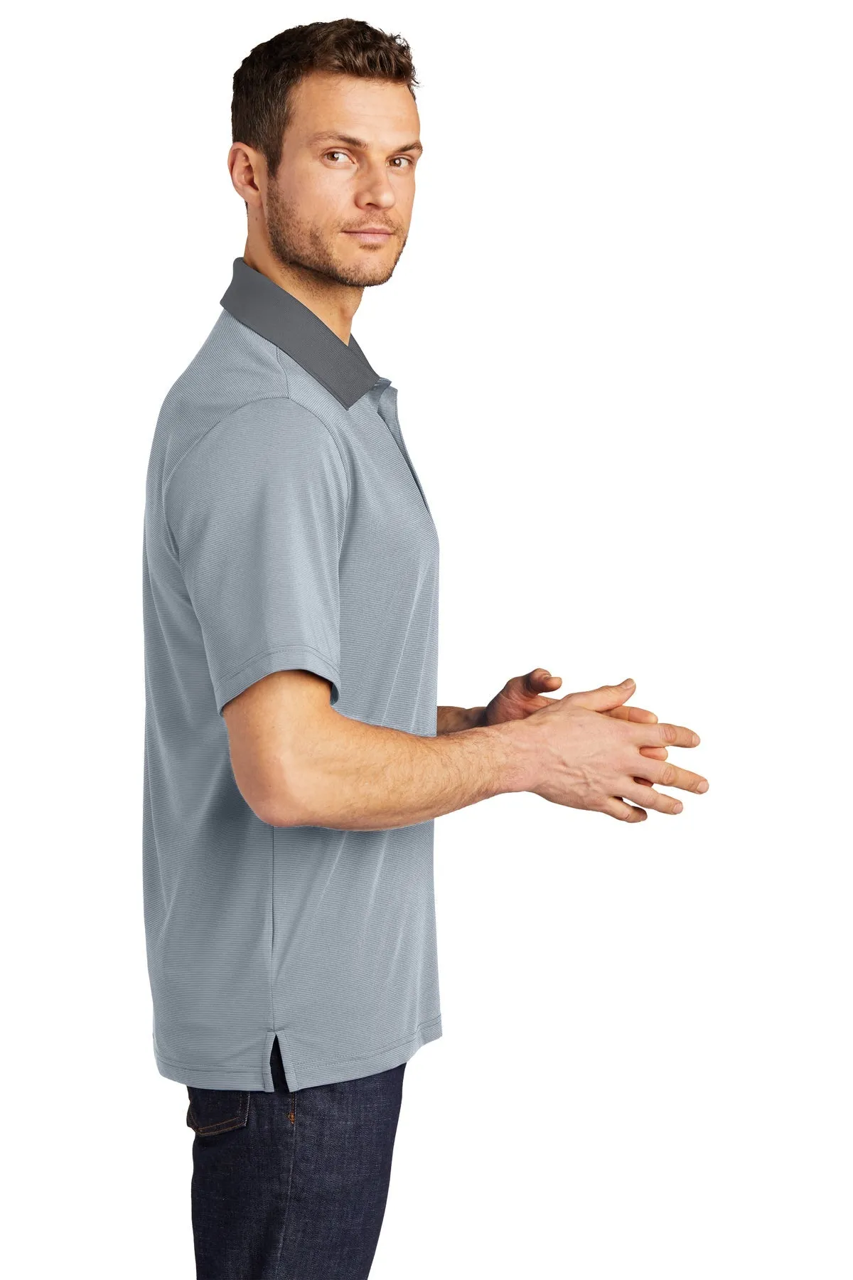 Port Authority Fine Stripe Branded Performance Polos, White/ Shadow Grey
