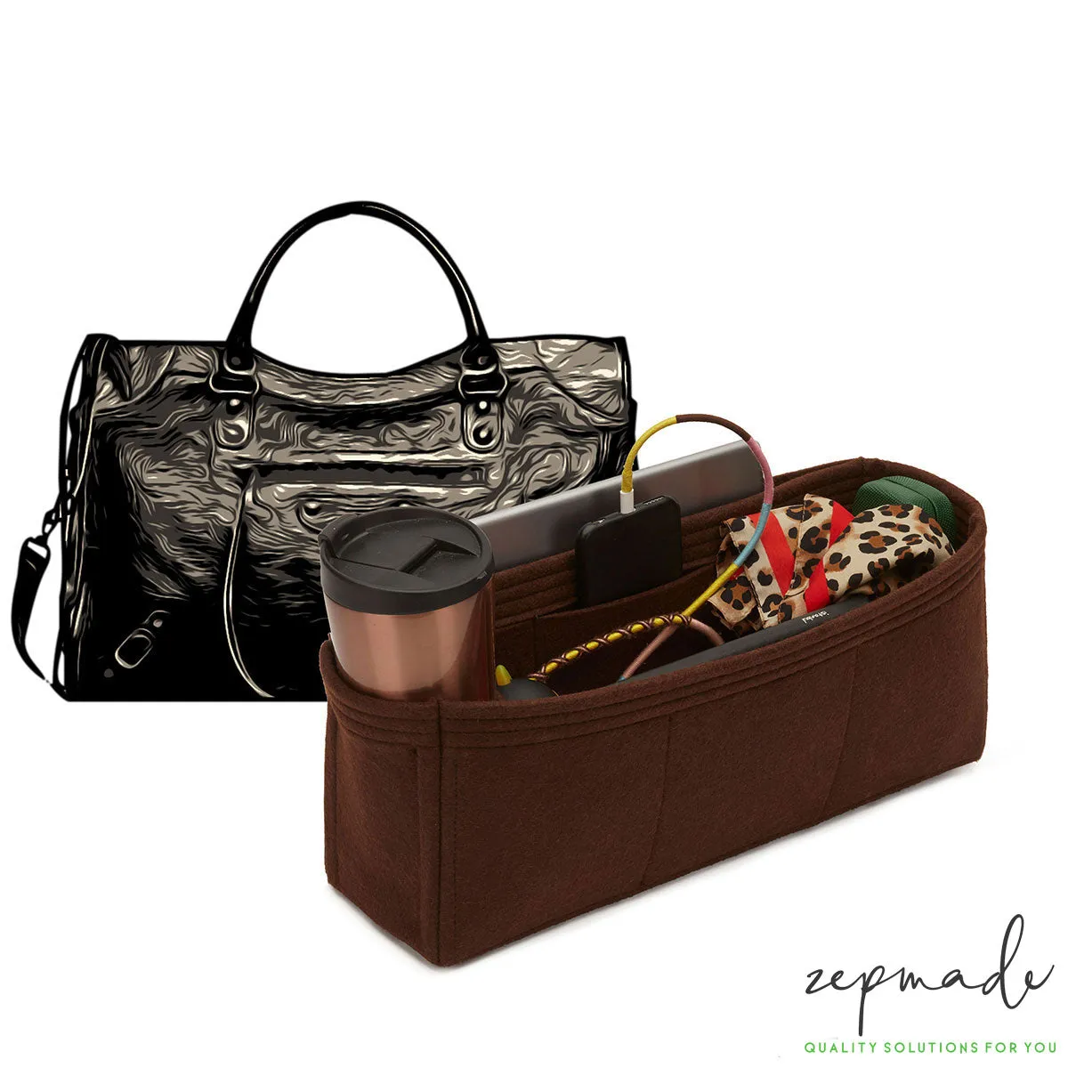 Purse Organizer Insert for Balenciaga Classic City Medium, Bag Organizer with Double Bottle Holders