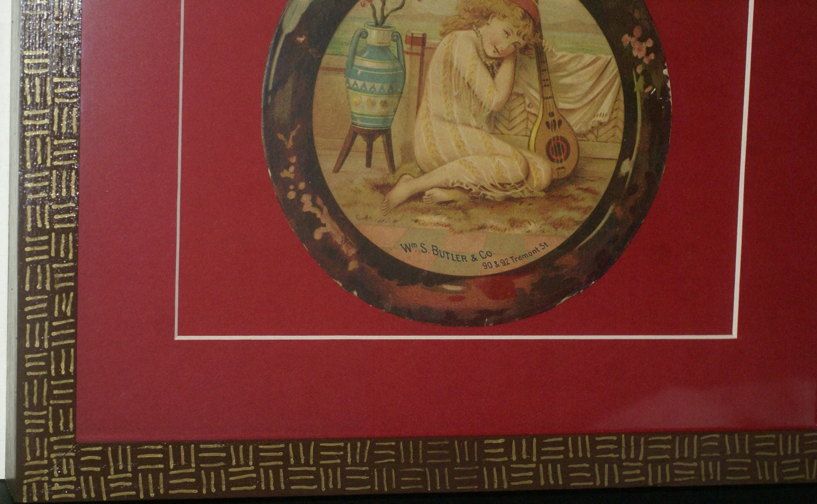 RARE EPHEMERA AMERICANA ANTIQUE WHIMSICAL ART, FRAMED ORIGINAL 1880 LARGE VICTORIAN TRADE CARD AD EPHEMERA SUPERB DIE-CUT, ITEM DFPO2Y, HAND PAINTED DETAILED FRAME, 2 RED MATS 15" x 12 1/2” DESIGNER COLLECTOR PRECIOUS COLLECTIBLE