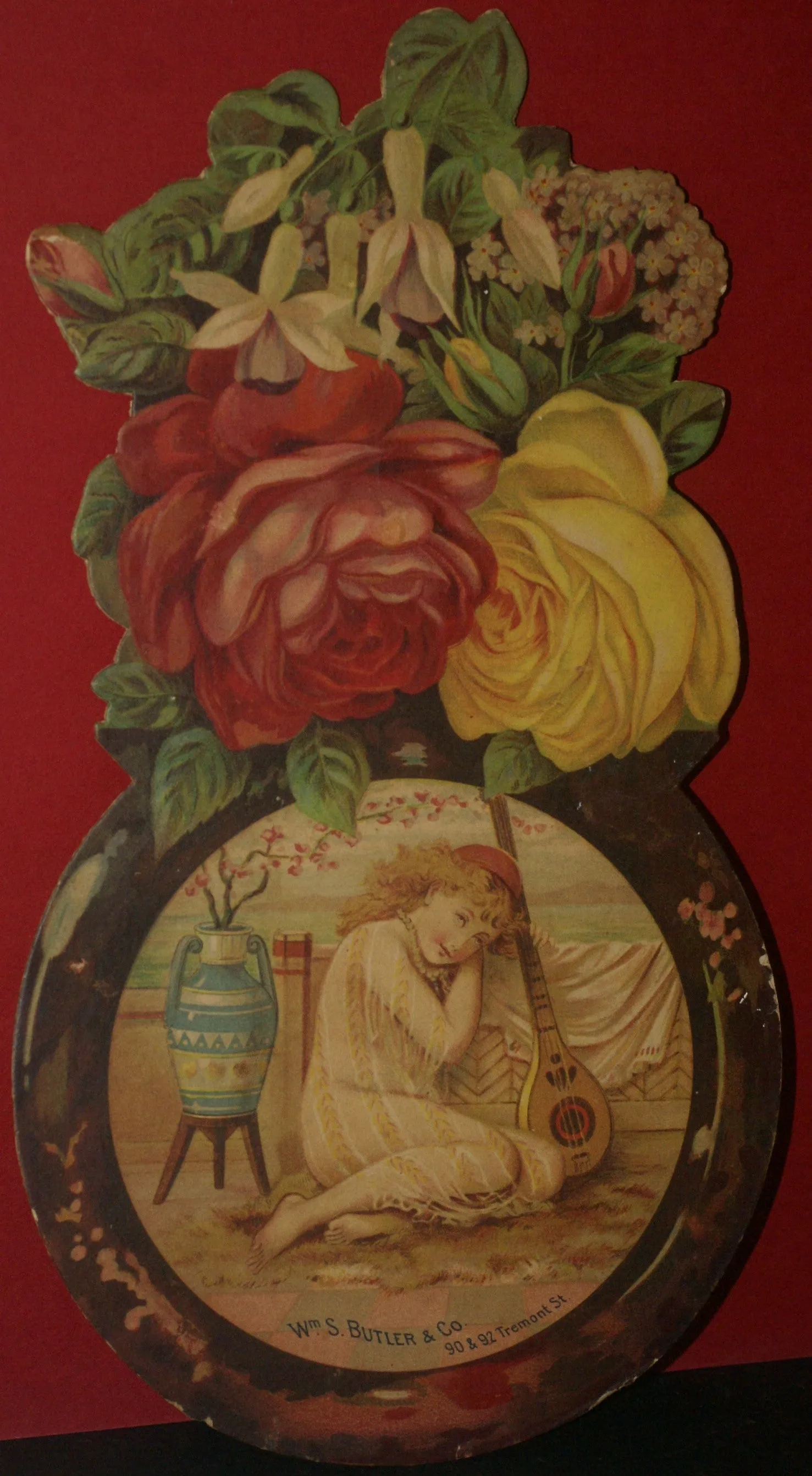 RARE EPHEMERA AMERICANA ANTIQUE WHIMSICAL ART, FRAMED ORIGINAL 1880 LARGE VICTORIAN TRADE CARD AD EPHEMERA SUPERB DIE-CUT, ITEM DFPO2Y, HAND PAINTED DETAILED FRAME, 2 RED MATS 15" x 12 1/2” DESIGNER COLLECTOR PRECIOUS COLLECTIBLE