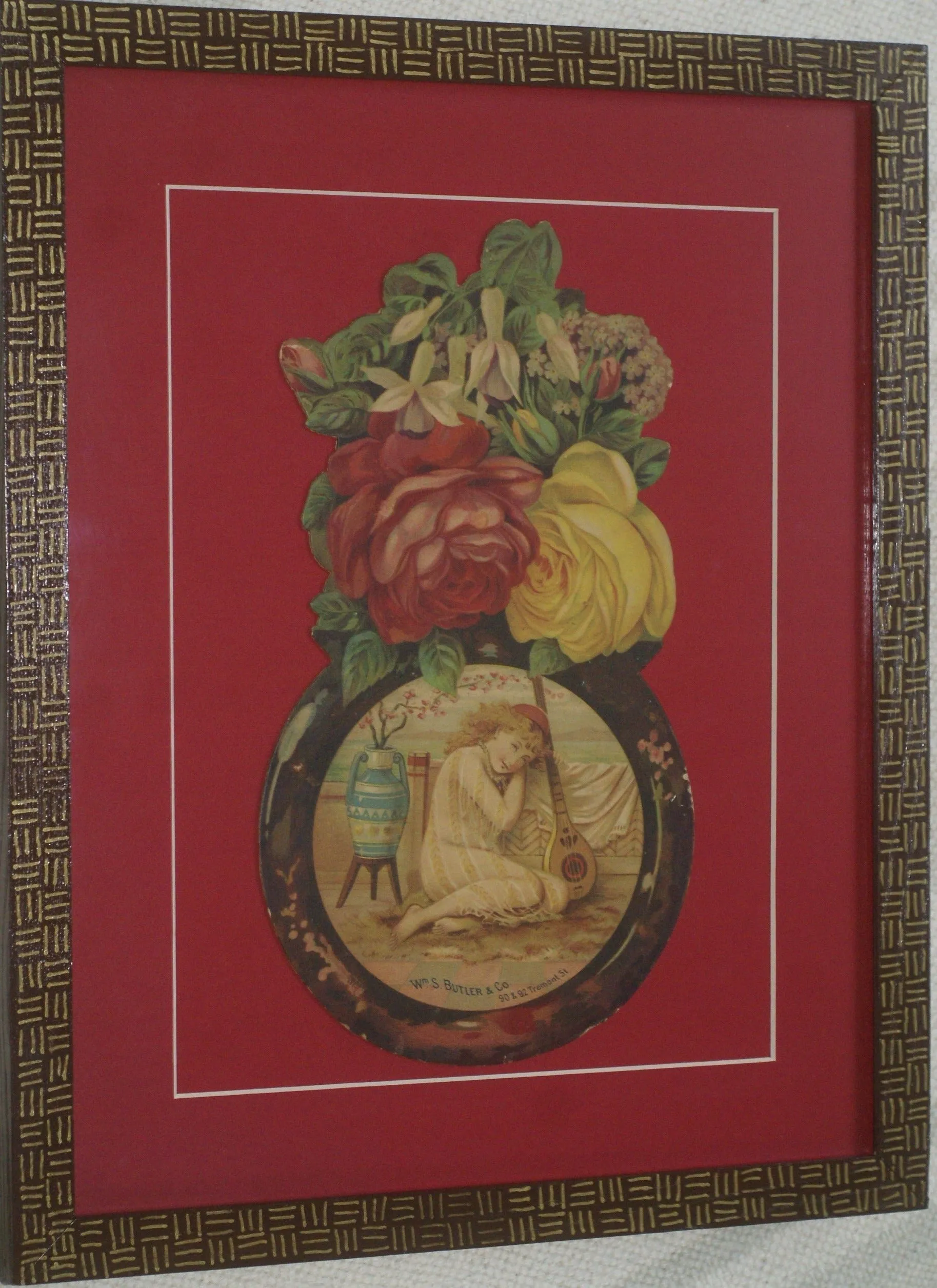 RARE EPHEMERA AMERICANA ANTIQUE WHIMSICAL ART, FRAMED ORIGINAL 1880 LARGE VICTORIAN TRADE CARD AD EPHEMERA SUPERB DIE-CUT, ITEM DFPO2Y, HAND PAINTED DETAILED FRAME, 2 RED MATS 15" x 12 1/2” DESIGNER COLLECTOR PRECIOUS COLLECTIBLE