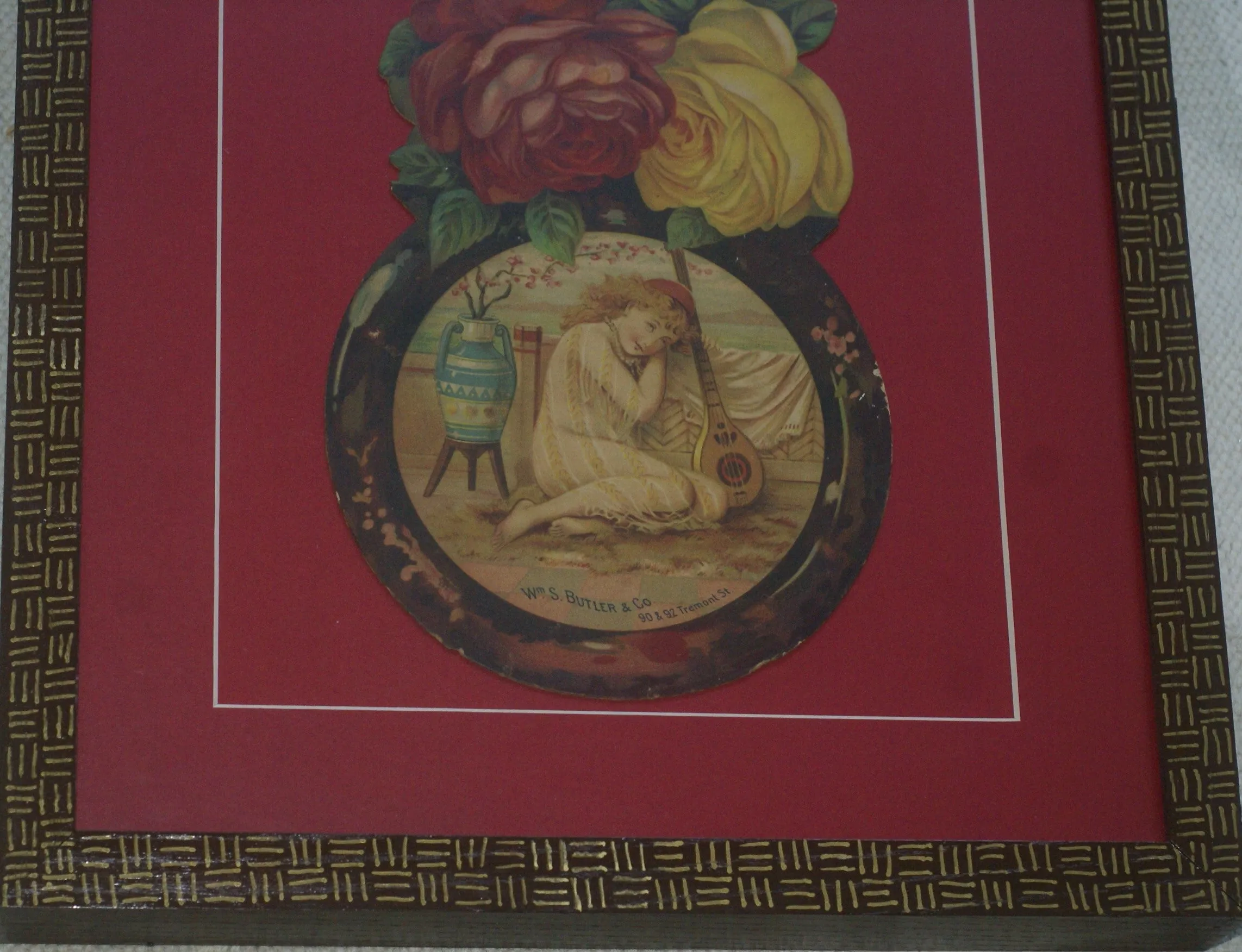 RARE EPHEMERA AMERICANA ANTIQUE WHIMSICAL ART, FRAMED ORIGINAL 1880 LARGE VICTORIAN TRADE CARD AD EPHEMERA SUPERB DIE-CUT, ITEM DFPO2Y, HAND PAINTED DETAILED FRAME, 2 RED MATS 15" x 12 1/2” DESIGNER COLLECTOR PRECIOUS COLLECTIBLE