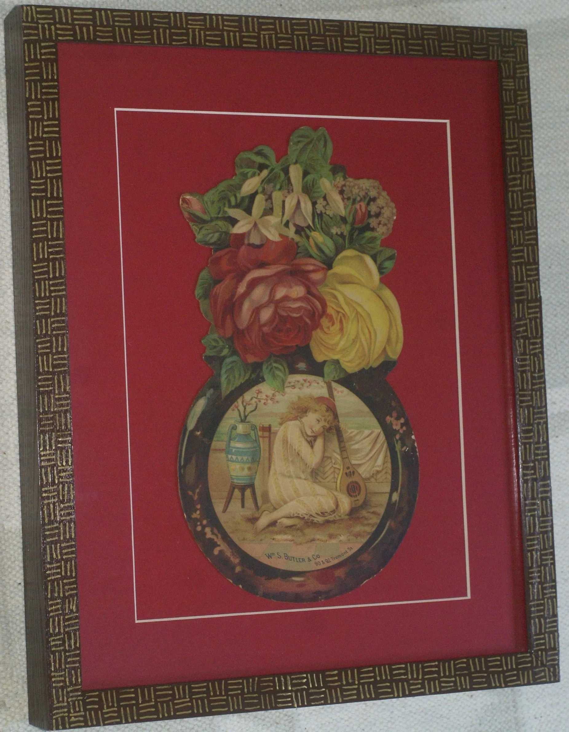 RARE EPHEMERA AMERICANA ANTIQUE WHIMSICAL ART, FRAMED ORIGINAL 1880 LARGE VICTORIAN TRADE CARD AD EPHEMERA SUPERB DIE-CUT, ITEM DFPO2Y, HAND PAINTED DETAILED FRAME, 2 RED MATS 15" x 12 1/2” DESIGNER COLLECTOR PRECIOUS COLLECTIBLE