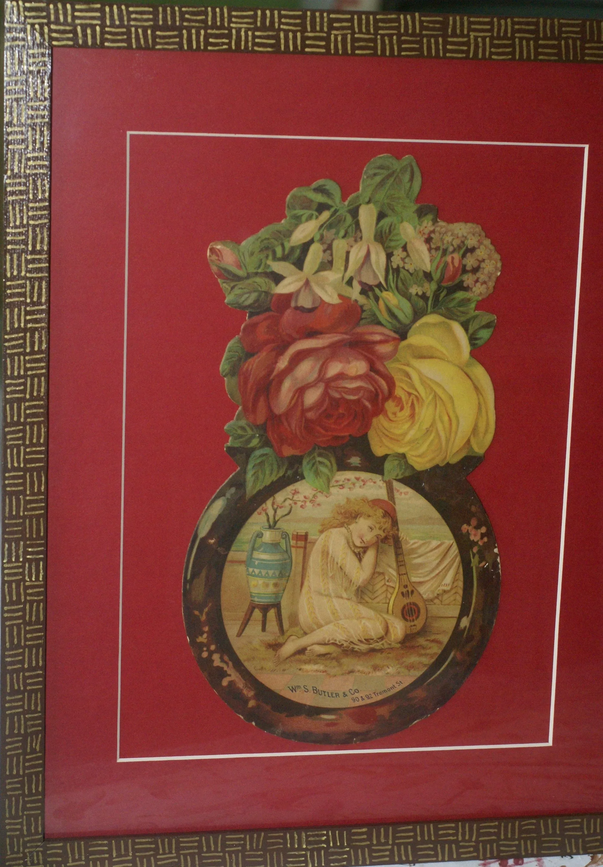 RARE EPHEMERA AMERICANA ANTIQUE WHIMSICAL ART, FRAMED ORIGINAL 1880 LARGE VICTORIAN TRADE CARD AD EPHEMERA SUPERB DIE-CUT, ITEM DFPO2Y, HAND PAINTED DETAILED FRAME, 2 RED MATS 15" x 12 1/2” DESIGNER COLLECTOR PRECIOUS COLLECTIBLE