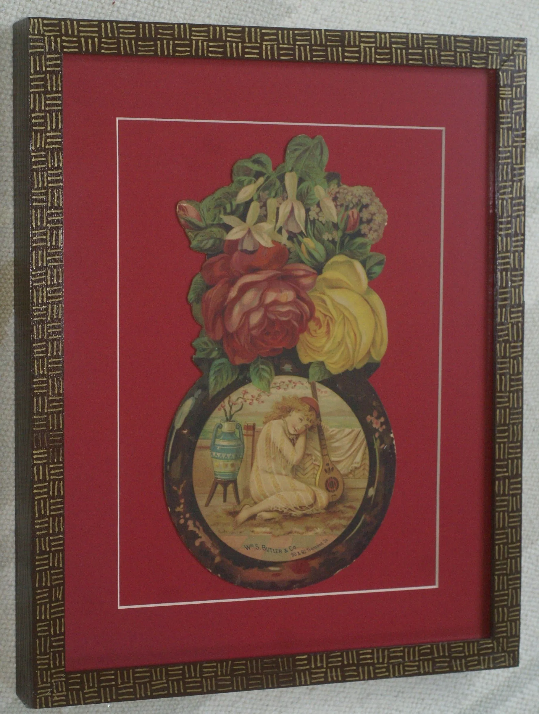 RARE EPHEMERA AMERICANA ANTIQUE WHIMSICAL ART, FRAMED ORIGINAL 1880 LARGE VICTORIAN TRADE CARD AD EPHEMERA SUPERB DIE-CUT, ITEM DFPO2Y, HAND PAINTED DETAILED FRAME, 2 RED MATS 15" x 12 1/2” DESIGNER COLLECTOR PRECIOUS COLLECTIBLE