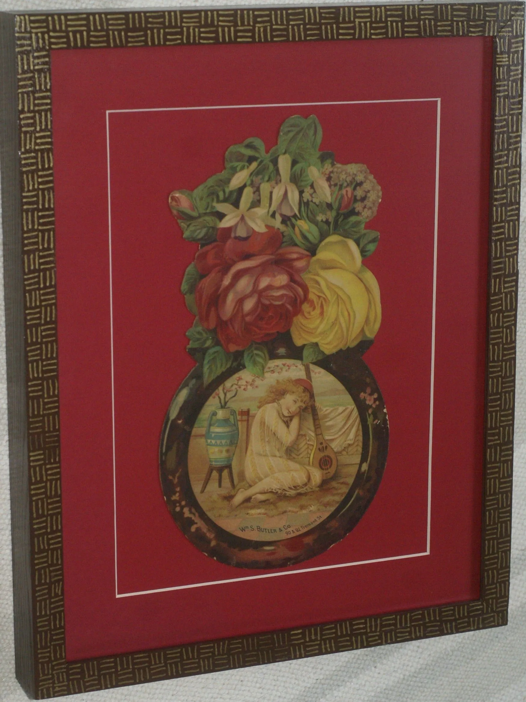 RARE EPHEMERA AMERICANA ANTIQUE WHIMSICAL ART, FRAMED ORIGINAL 1880 LARGE VICTORIAN TRADE CARD AD EPHEMERA SUPERB DIE-CUT, ITEM DFPO2Y, HAND PAINTED DETAILED FRAME, 2 RED MATS 15" x 12 1/2” DESIGNER COLLECTOR PRECIOUS COLLECTIBLE