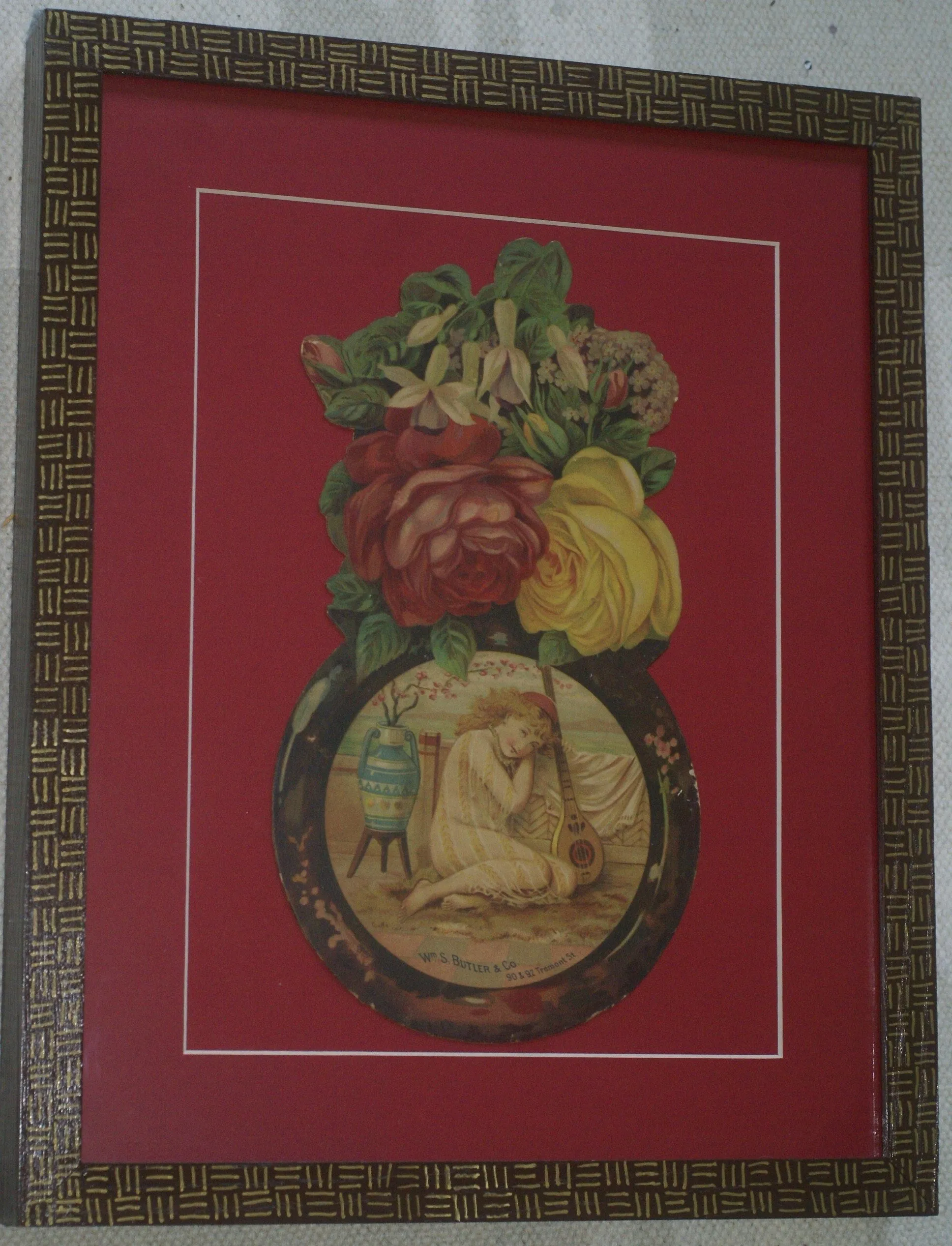 RARE EPHEMERA AMERICANA ANTIQUE WHIMSICAL ART, FRAMED ORIGINAL 1880 LARGE VICTORIAN TRADE CARD AD EPHEMERA SUPERB DIE-CUT, ITEM DFPO2Y, HAND PAINTED DETAILED FRAME, 2 RED MATS 15" x 12 1/2” DESIGNER COLLECTOR PRECIOUS COLLECTIBLE