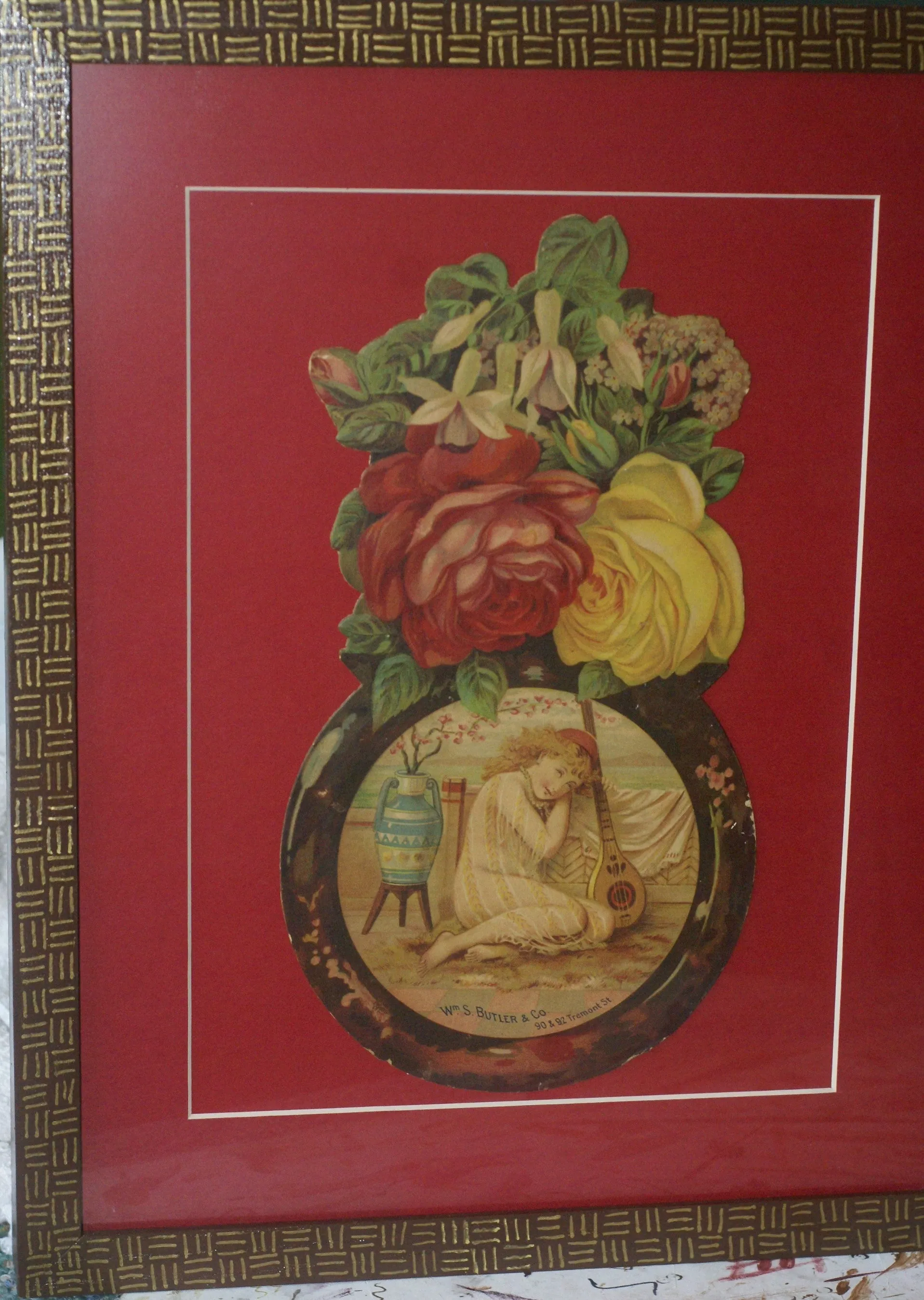 RARE EPHEMERA AMERICANA ANTIQUE WHIMSICAL ART, FRAMED ORIGINAL 1880 LARGE VICTORIAN TRADE CARD AD EPHEMERA SUPERB DIE-CUT, ITEM DFPO2Y, HAND PAINTED DETAILED FRAME, 2 RED MATS 15" x 12 1/2” DESIGNER COLLECTOR PRECIOUS COLLECTIBLE