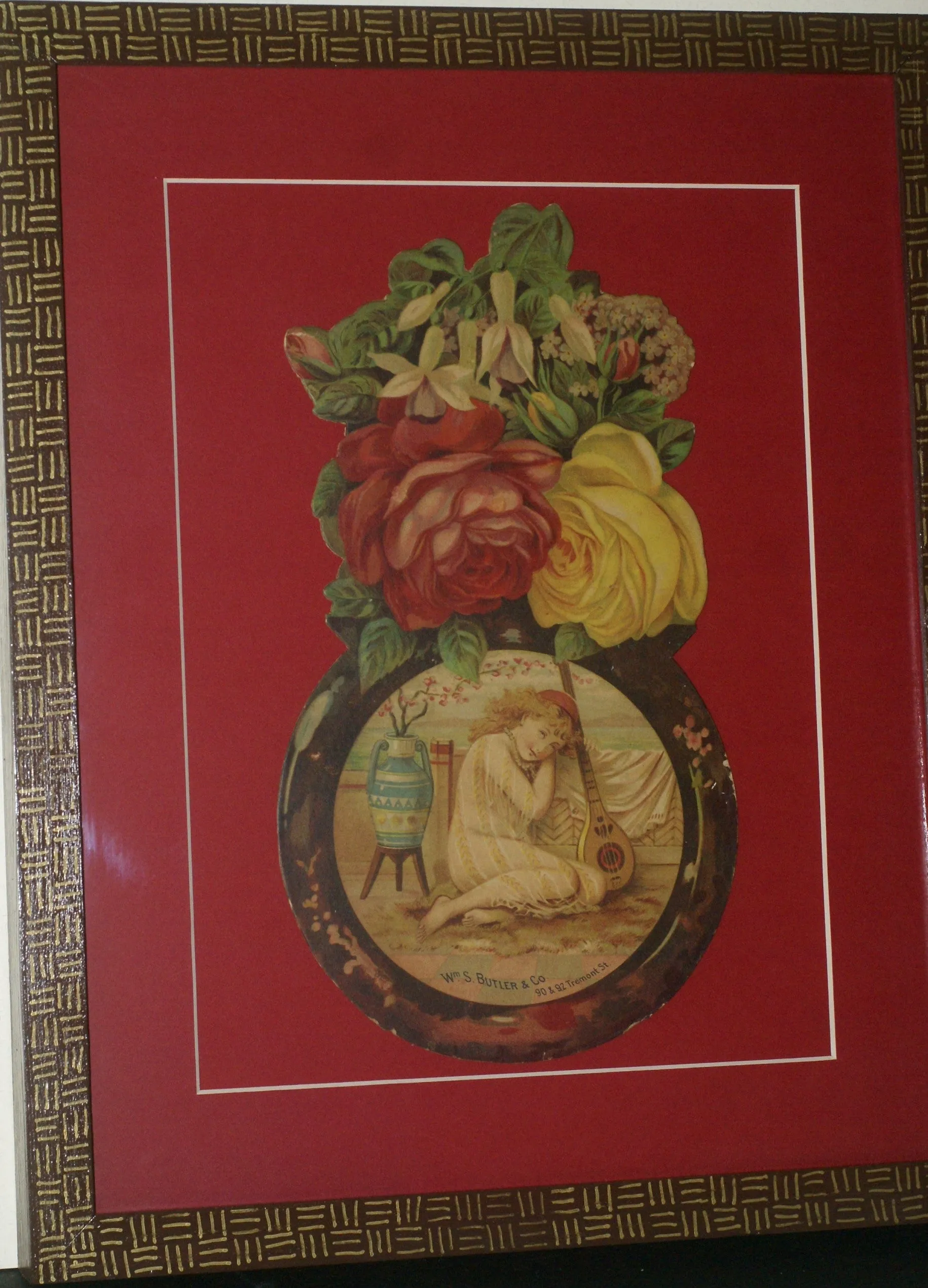 RARE EPHEMERA AMERICANA ANTIQUE WHIMSICAL ART, FRAMED ORIGINAL 1880 LARGE VICTORIAN TRADE CARD AD EPHEMERA SUPERB DIE-CUT, ITEM DFPO2Y, HAND PAINTED DETAILED FRAME, 2 RED MATS 15" x 12 1/2” DESIGNER COLLECTOR PRECIOUS COLLECTIBLE