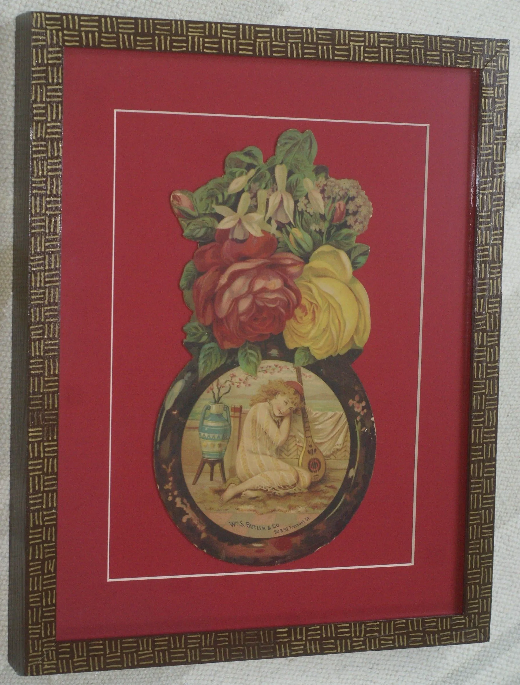 RARE EPHEMERA AMERICANA ANTIQUE WHIMSICAL ART, FRAMED ORIGINAL 1880 LARGE VICTORIAN TRADE CARD AD EPHEMERA SUPERB DIE-CUT, ITEM DFPO2Y, HAND PAINTED DETAILED FRAME, 2 RED MATS 15" x 12 1/2” DESIGNER COLLECTOR PRECIOUS COLLECTIBLE