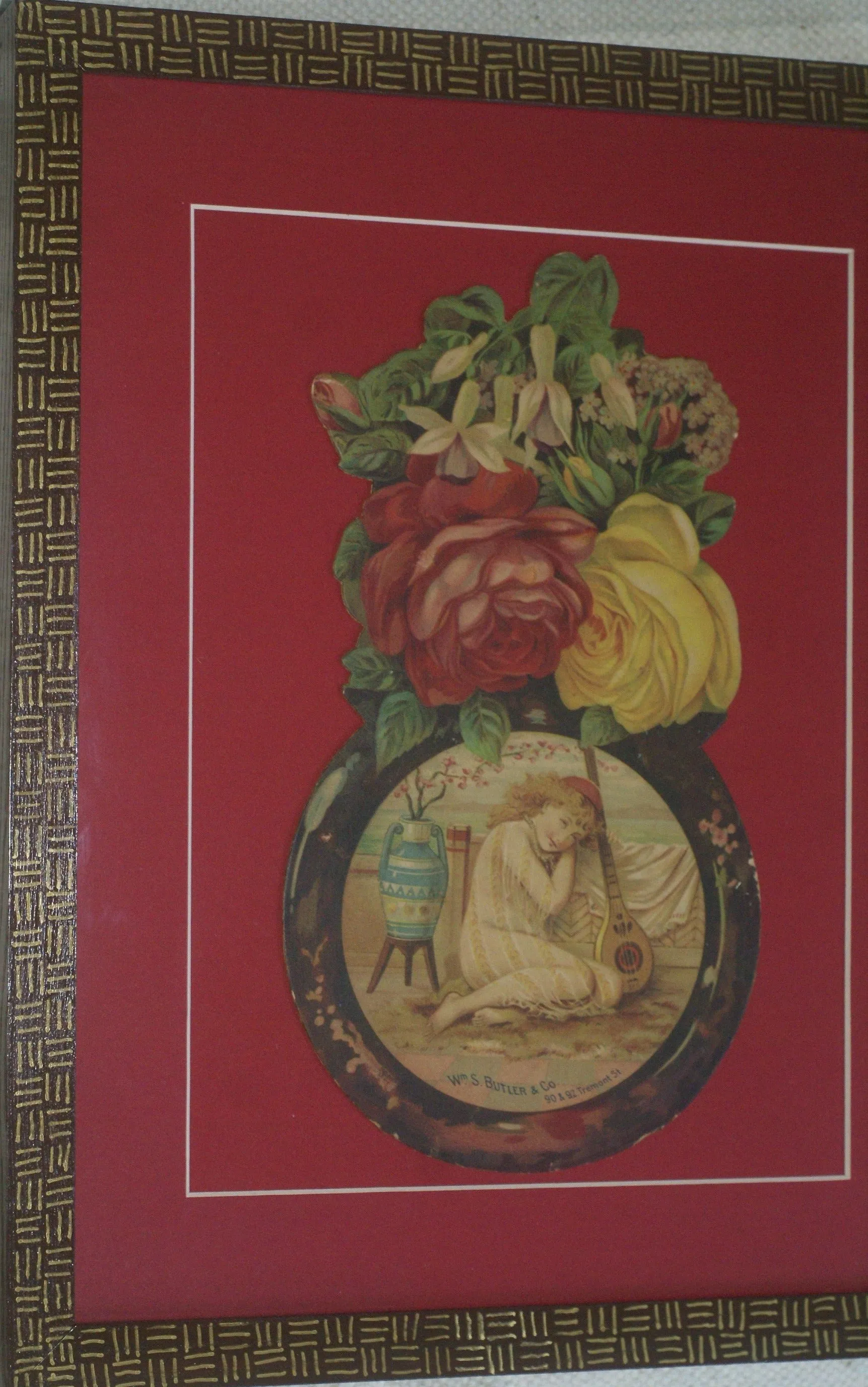 RARE EPHEMERA AMERICANA ANTIQUE WHIMSICAL ART, FRAMED ORIGINAL 1880 LARGE VICTORIAN TRADE CARD AD EPHEMERA SUPERB DIE-CUT, ITEM DFPO2Y, HAND PAINTED DETAILED FRAME, 2 RED MATS 15" x 12 1/2” DESIGNER COLLECTOR PRECIOUS COLLECTIBLE