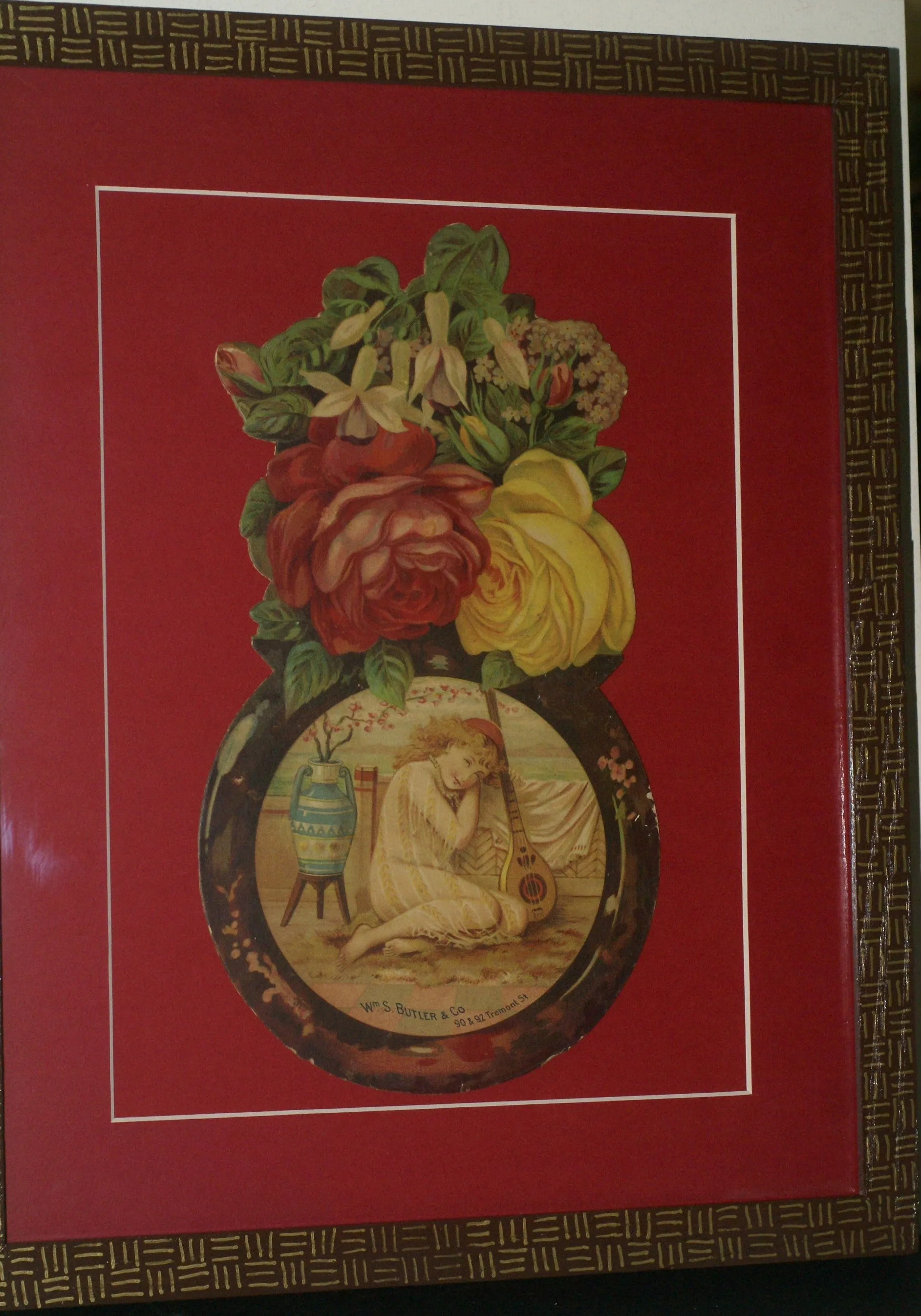 RARE EPHEMERA AMERICANA ANTIQUE WHIMSICAL ART, FRAMED ORIGINAL 1880 LARGE VICTORIAN TRADE CARD AD EPHEMERA SUPERB DIE-CUT, ITEM DFPO2Y, HAND PAINTED DETAILED FRAME, 2 RED MATS 15" x 12 1/2” DESIGNER COLLECTOR PRECIOUS COLLECTIBLE