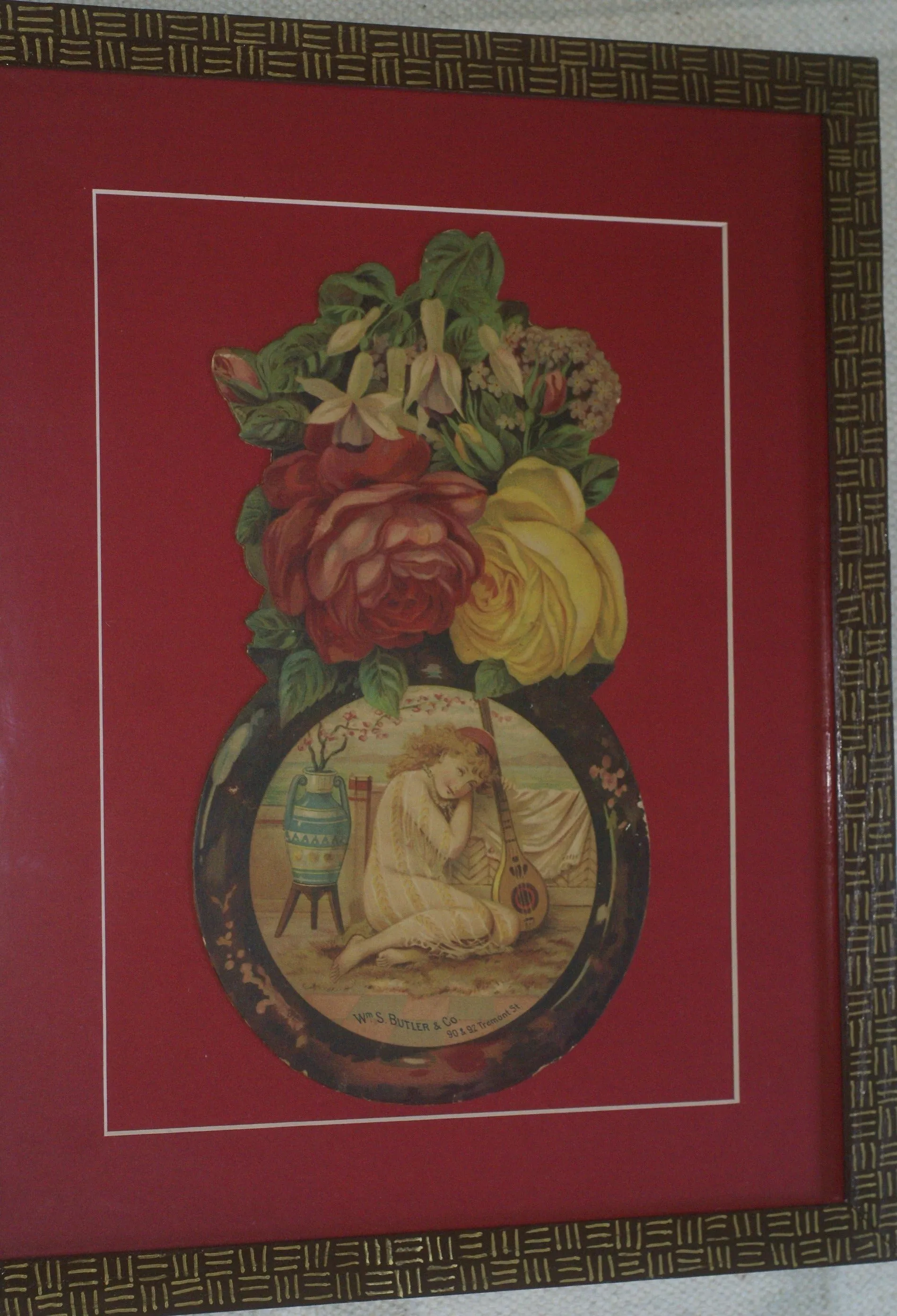 RARE EPHEMERA AMERICANA ANTIQUE WHIMSICAL ART, FRAMED ORIGINAL 1880 LARGE VICTORIAN TRADE CARD AD EPHEMERA SUPERB DIE-CUT, ITEM DFPO2Y, HAND PAINTED DETAILED FRAME, 2 RED MATS 15" x 12 1/2” DESIGNER COLLECTOR PRECIOUS COLLECTIBLE